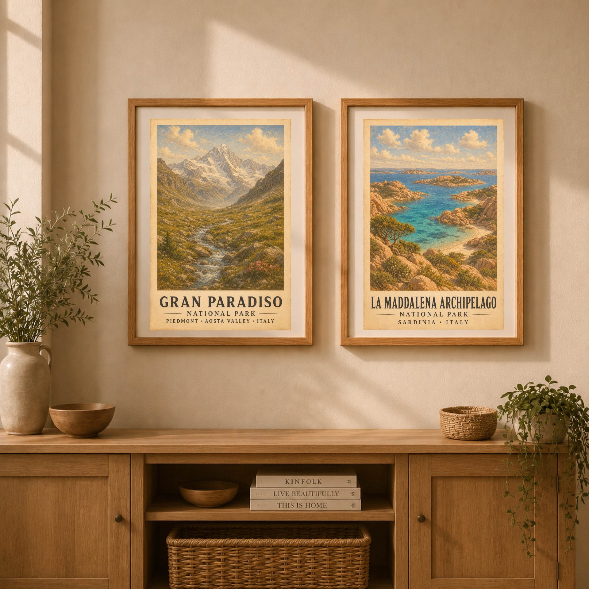 Gran Paradiso National Park Poster Vintage Print Art Wall Decor 8 Two matching framed vintage posters hanging side by side featuring Gran Paradiso and La Maddalena Archipelago National Parks above a wooden console table.