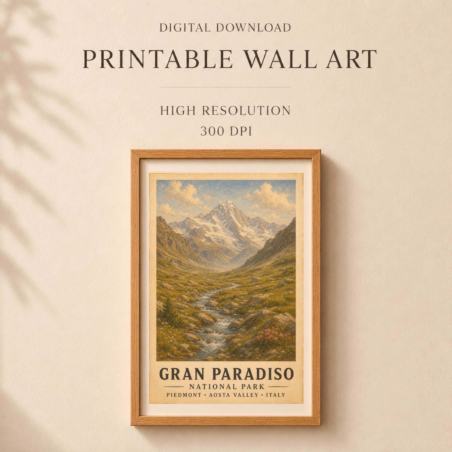 Gran Paradiso National Park Poster Vintage Print Art Wall Decor 7 Centered view of the framed Gran Paradiso print with overlaid text reading Printable Wall Art Digital Download High Resolution 300 DPI.