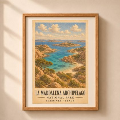 Vertical framed art print of La Maddalena Archipelago National Park featuring rose granite cliffs, turquoise sea, and island scenery in a light oak frame on a neutral beige wall.