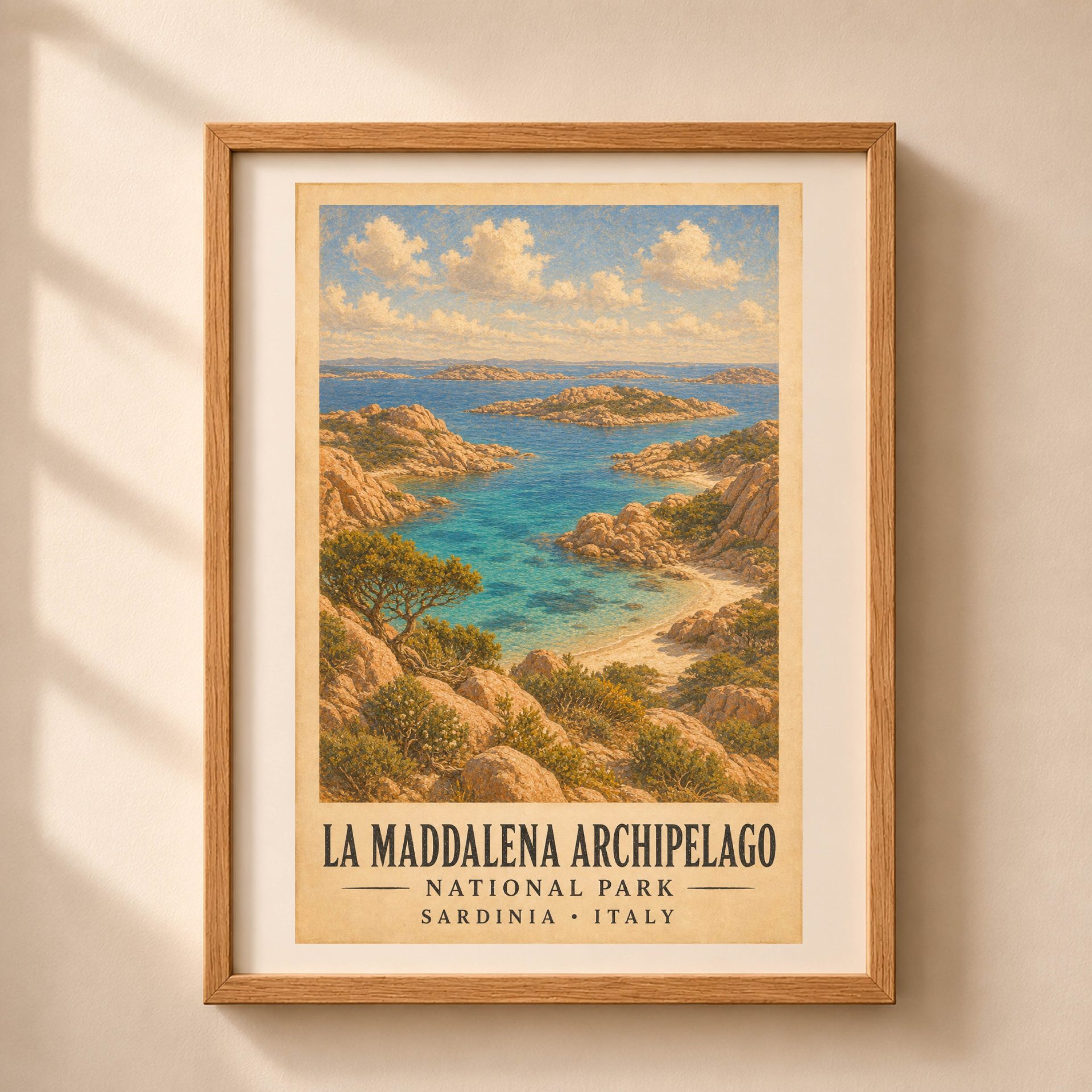 La Maddalena Archipelago National Park Poster Vintage Print Art 1 Vertical framed art print of La Maddalena Archipelago National Park featuring rose granite cliffs, turquoise sea, and island scenery in a light oak frame on a neutral beige wall.