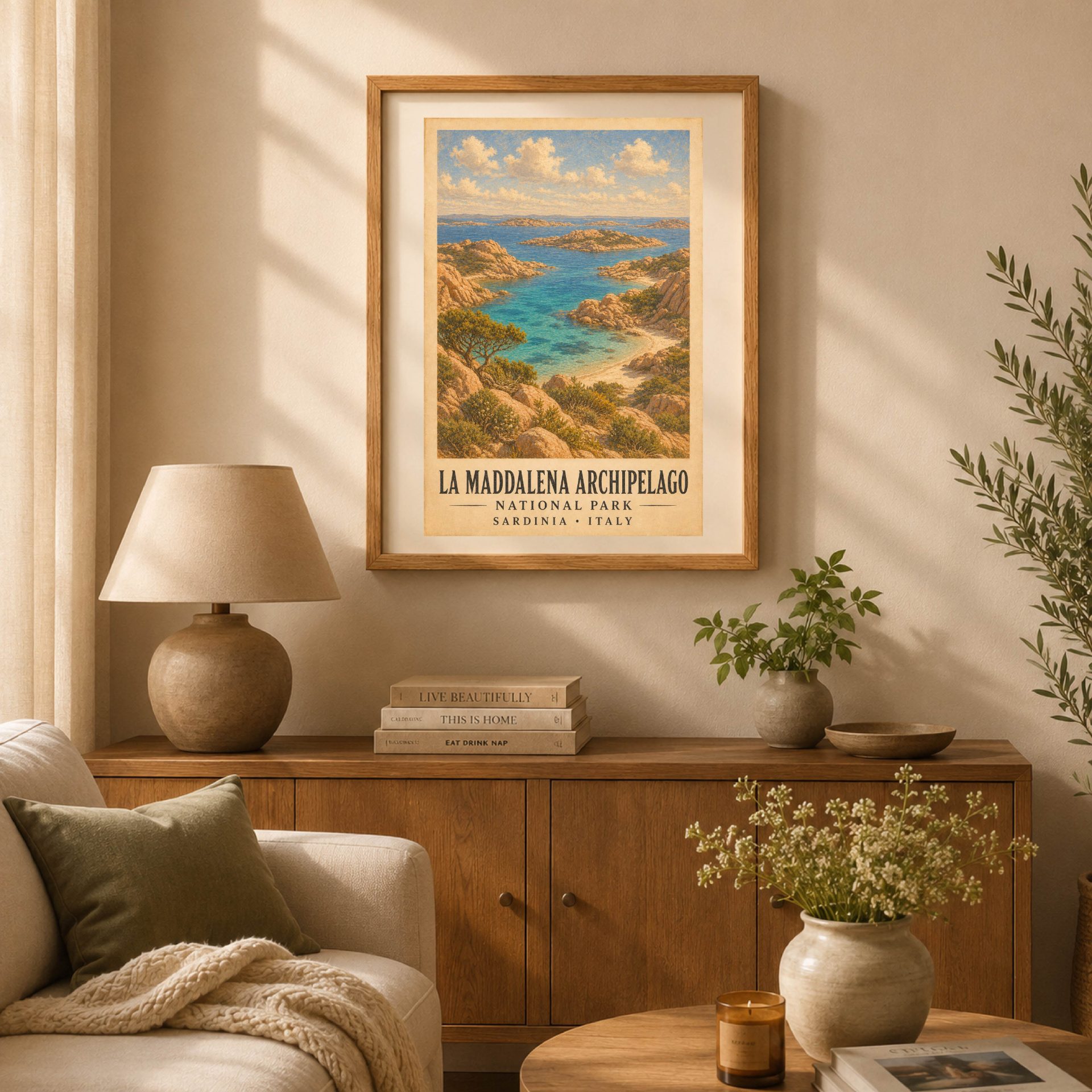 La Maddalena Archipelago National Park Poster Vintage Print Art 2 Framed vintage La Maddalena coastal poster hanging above a wooden sideboard in a cozy living room with a table lamp, books, and green houseplants.