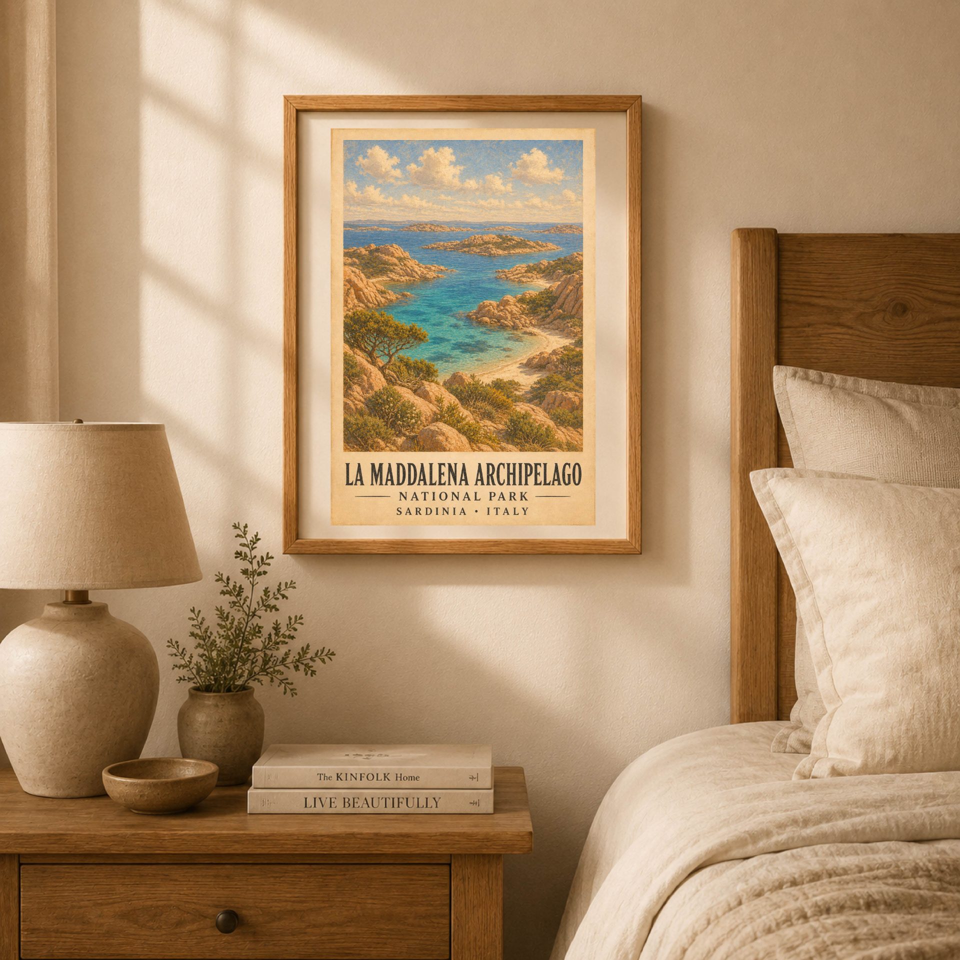 La Maddalena Archipelago National Park Poster Vintage Print Art 3 La Maddalena Archipelago poster in a natural oak frame hanging on a bedroom wall beside a bedside table, ceramic lamp, and beige linen bedding.