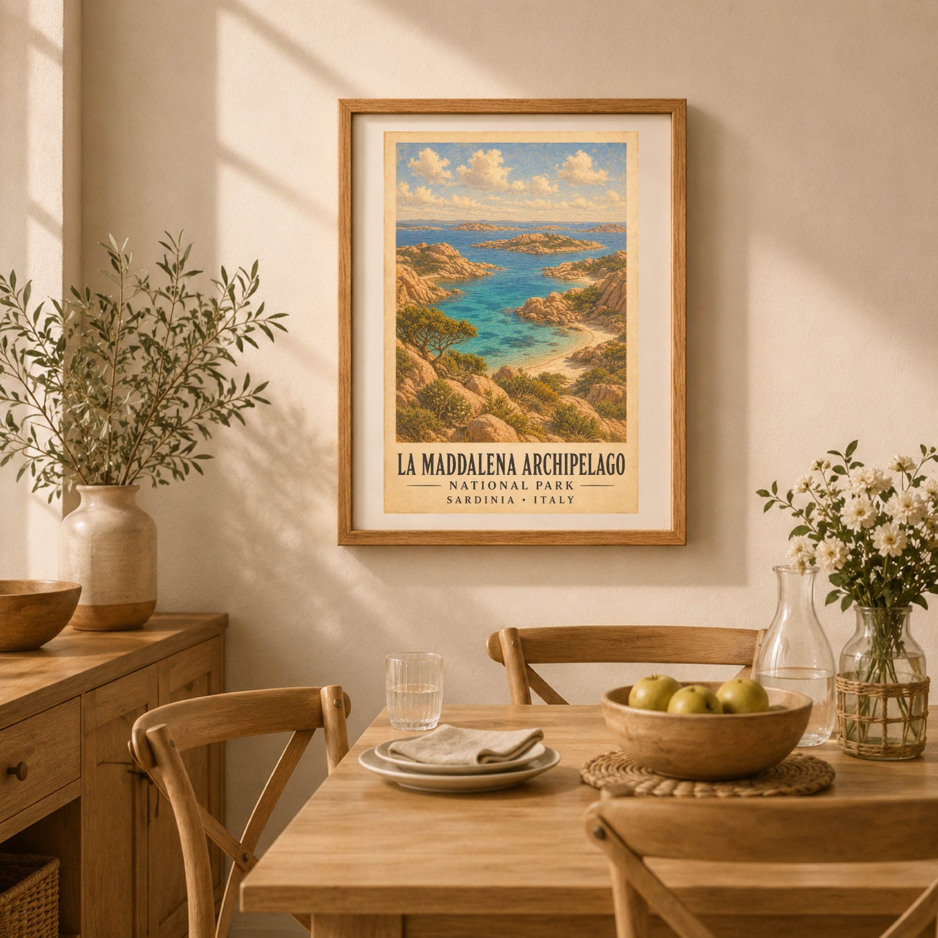 La Maddalena Archipelago National Park Poster Vintage Print Art 5 Framed La Maddalena Archipelago poster hanging in a sunlit dining area above a wooden table with chairs, glass vase, and fresh white flowers.