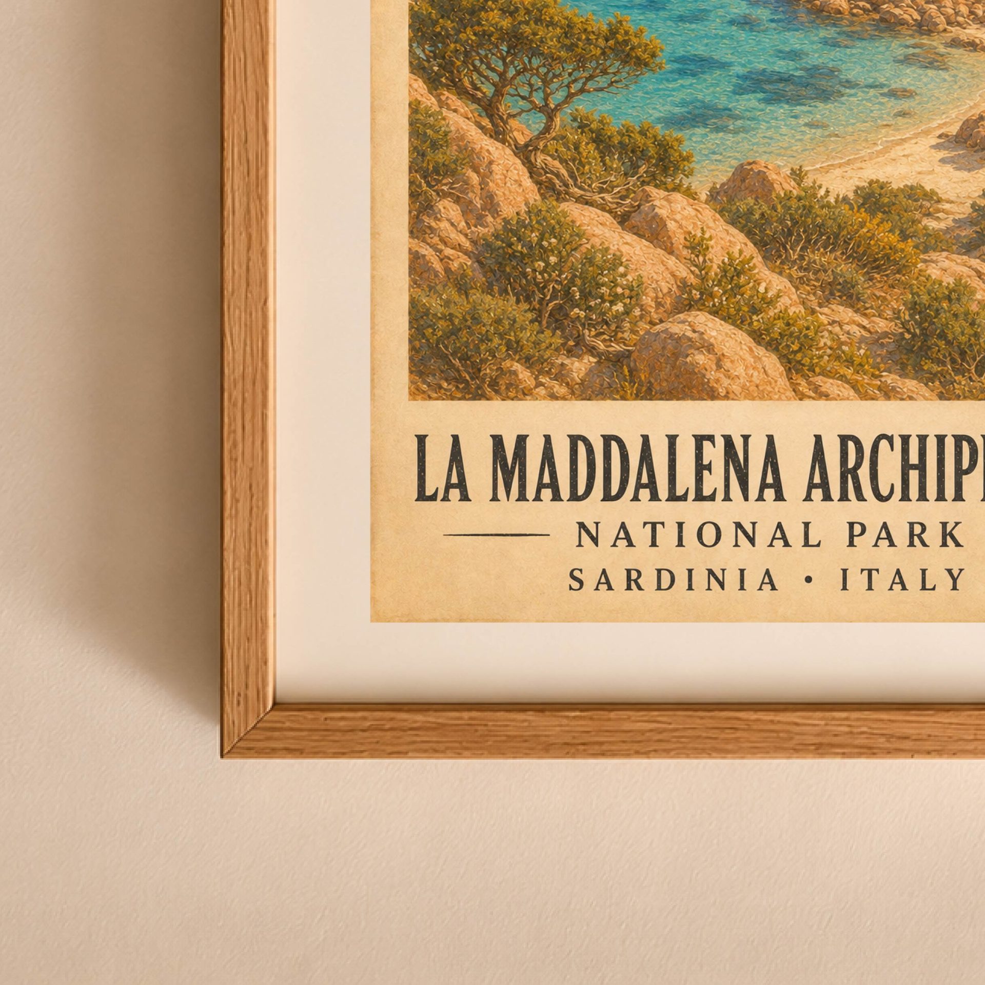 La Maddalena Archipelago National Park Poster Vintage Print Art 6 Close-up view of the oak frame bottom corner and vintage La Maddalena poster text showing printed texture and typography details.