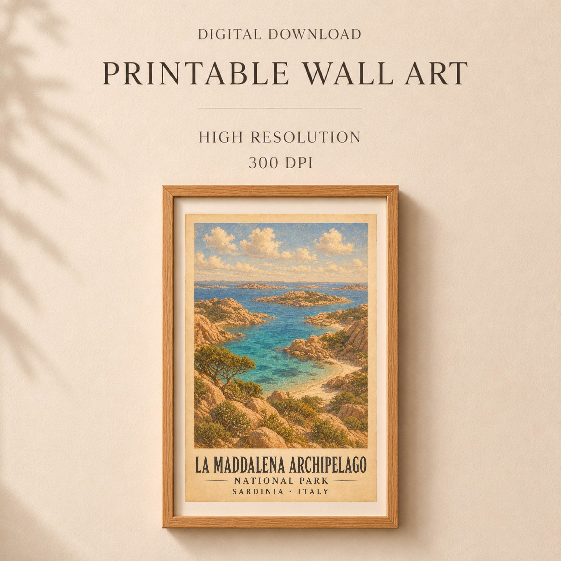 La Maddalena Archipelago National Park Poster Vintage Print Art 7 Centered view of the framed La Maddalena print with overlay text reading Printable Wall Art Digital Download High Resolution 300 DPI.