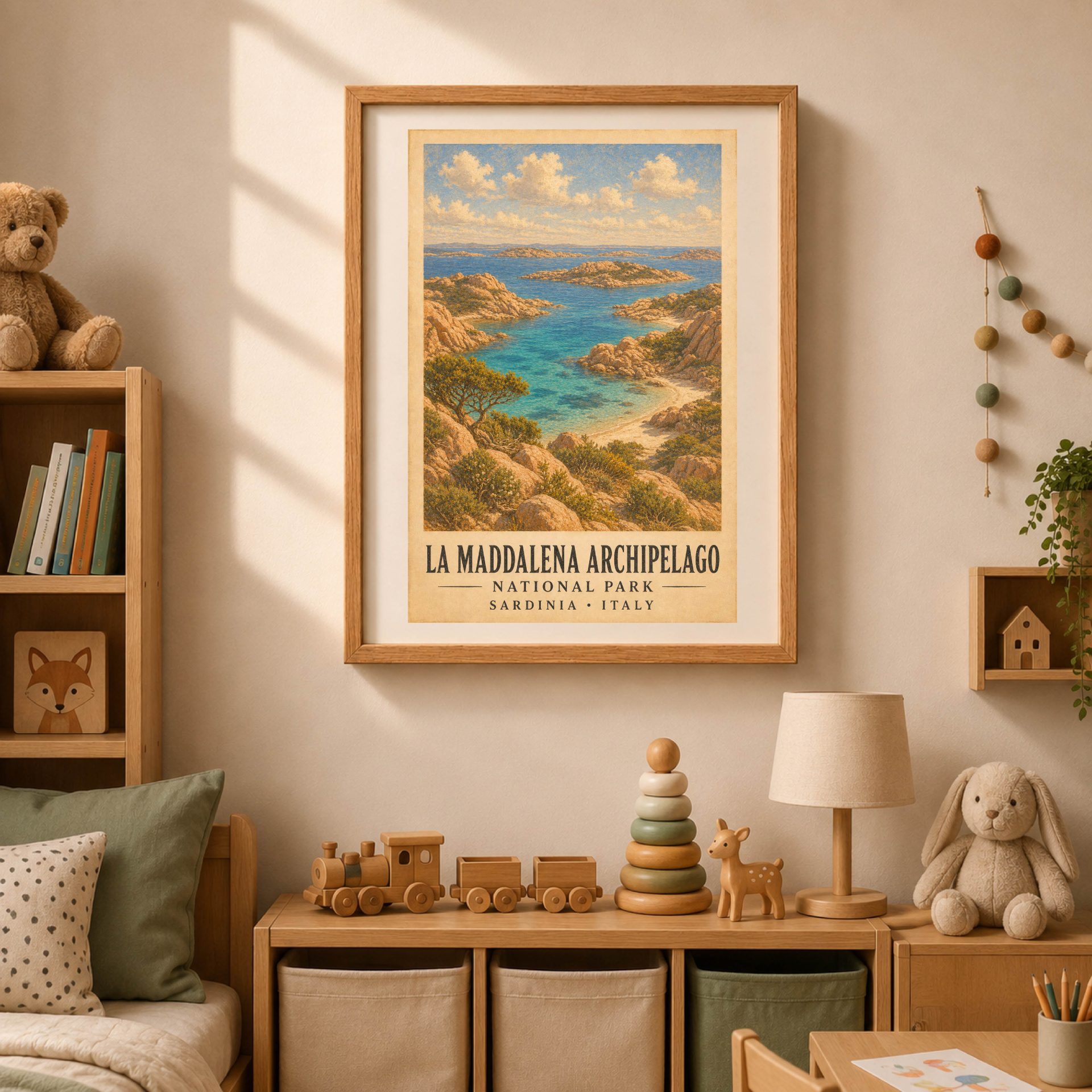 La Maddalena Archipelago National Park Poster Vintage Print Art 4 Framed La Maddalena Archipelago print hanging on a warm beige wall in a cozy room above wooden toy storage, a teddy bear, and oak shelving.