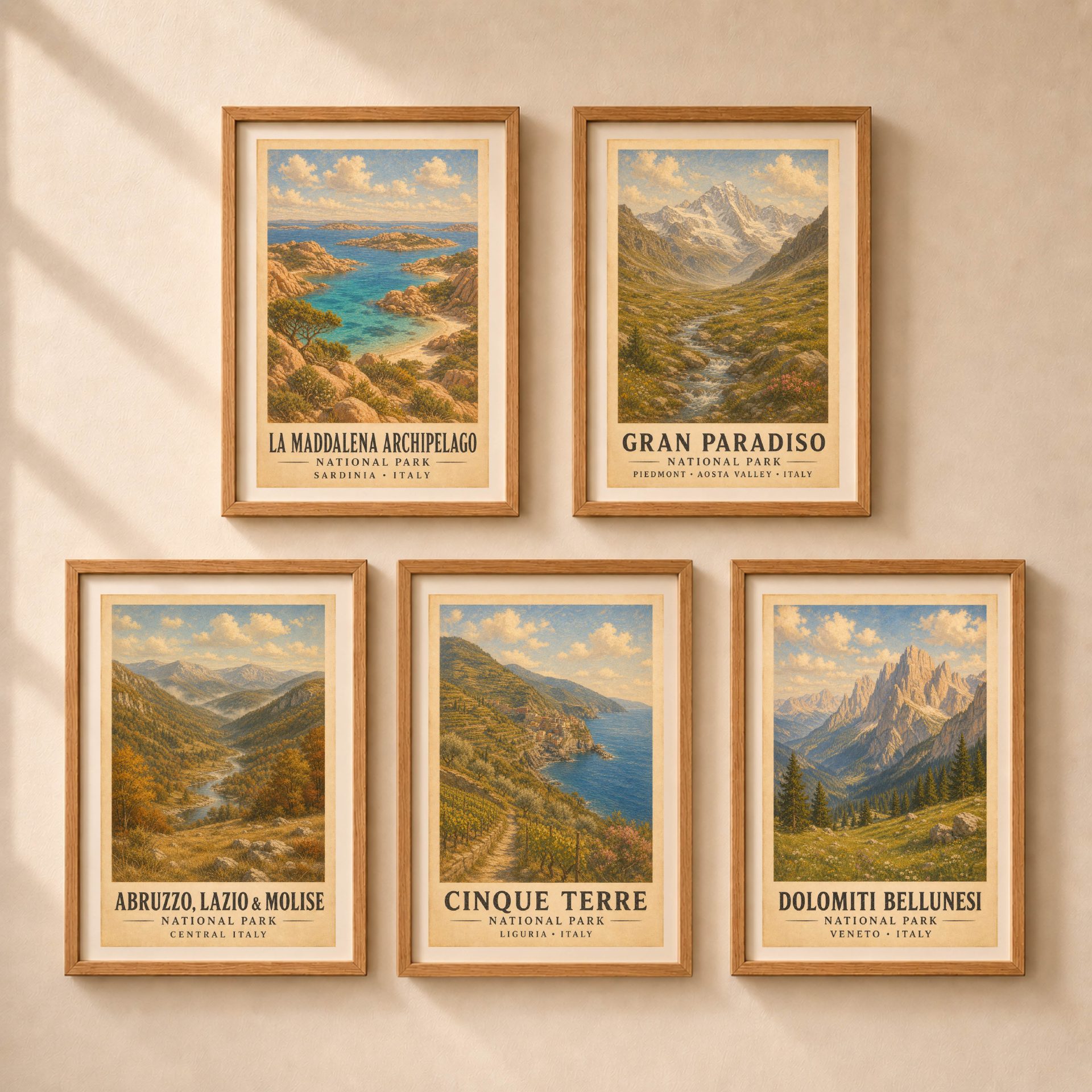 La Maddalena Archipelago National Park Poster Vintage Print Art 9 Gallery wall set of five framed vintage posters featuring La Maddalena Archipelago, Gran Paradiso, Abruzzo, Cinque Terre, and Dolomiti Bellunesi National Parks.