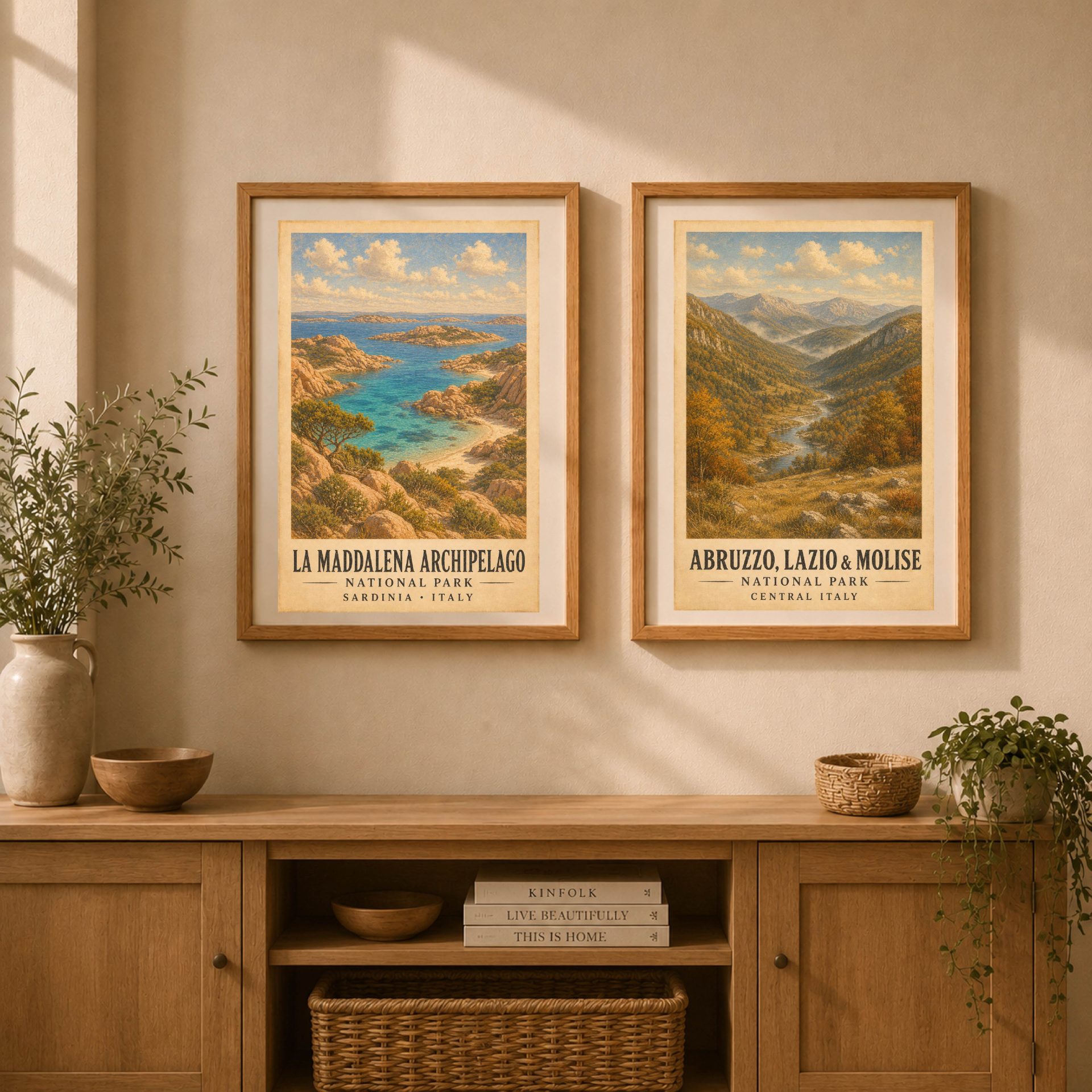 La Maddalena Archipelago National Park Poster Vintage Print Art 8 Two matching framed vintage posters hanging side by side featuring La Maddalena Archipelago and Abruzzo National Parks above a wooden console table.