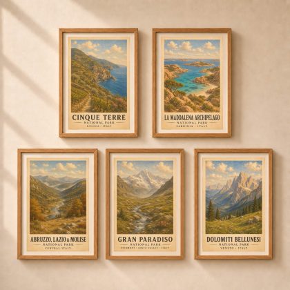 Set of five framed vintage posters featuring Cinque Terre, La Maddalena Archipelago, Abruzzo, Gran Paradiso, and Dolomiti Bellunesi National Parks displayed on a beige wall.