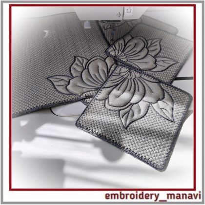 ITH Placemat and Coaster set machine embroidery design by Embroidery Manavi 05 Geometry of Nature Magnolia quilted mug rug set 6 sizes PDF guide Download