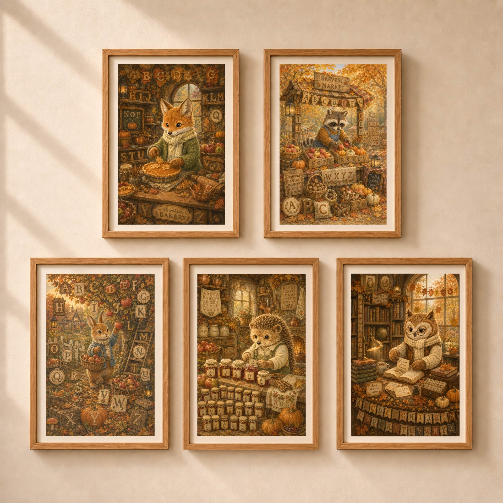 Fox Woodland Alphabet Poster Seek Find ABC Print Nursery Wall Art 9 Set of five framed Quiet Woodland thematic storybook alphabet posters featuring fox baker, raccoon harvest market, rabbit apple orchard, hedgehog jam pantry, and owl library on a beige wall.