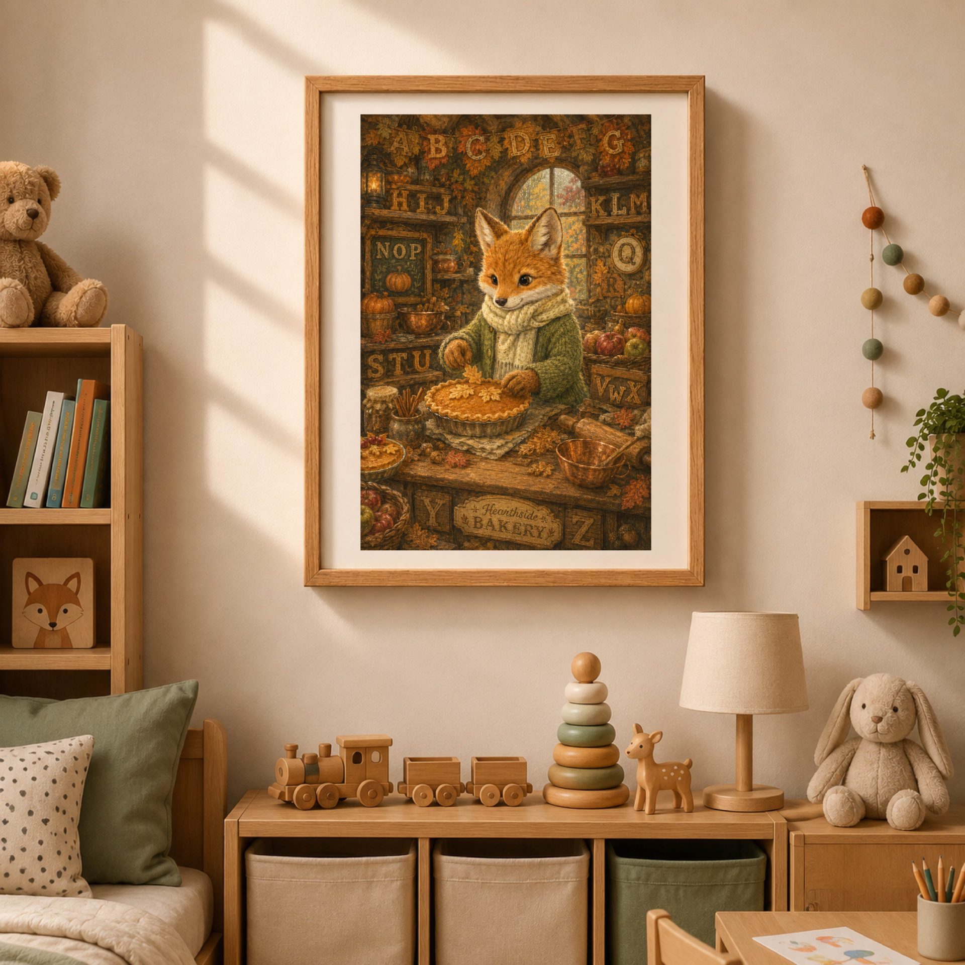 Fox Woodland Alphabet Poster Seek Find ABC Print Nursery Wall Art 4 Framed woodland fox seek and find alphabet print hanging in a cozy kids nursery room above wooden toys.