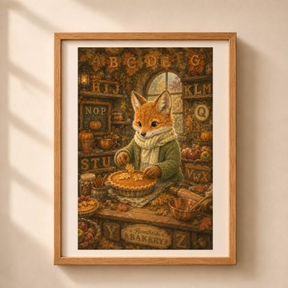 Full view of framed Quiet Woodland autumn fox baker alphabet poster with hidden letters from A to Z in a cozy wooden frame.