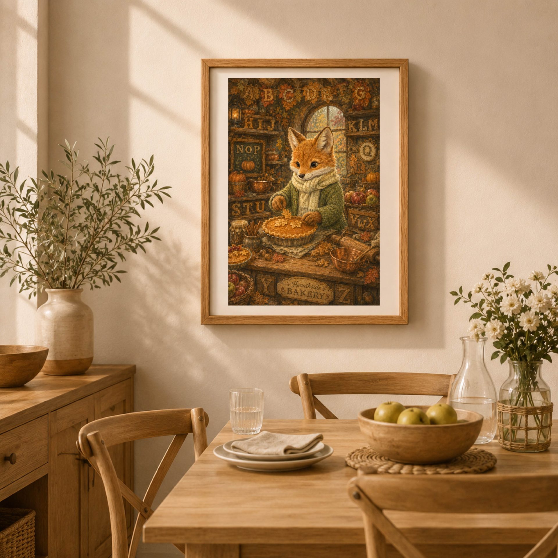 Fox Woodland Alphabet Poster Seek Find ABC Print Nursery Wall Art 5 Framed autumn fox pumpkin bakery ABC print in a rustic wooden frame above a dining room table.