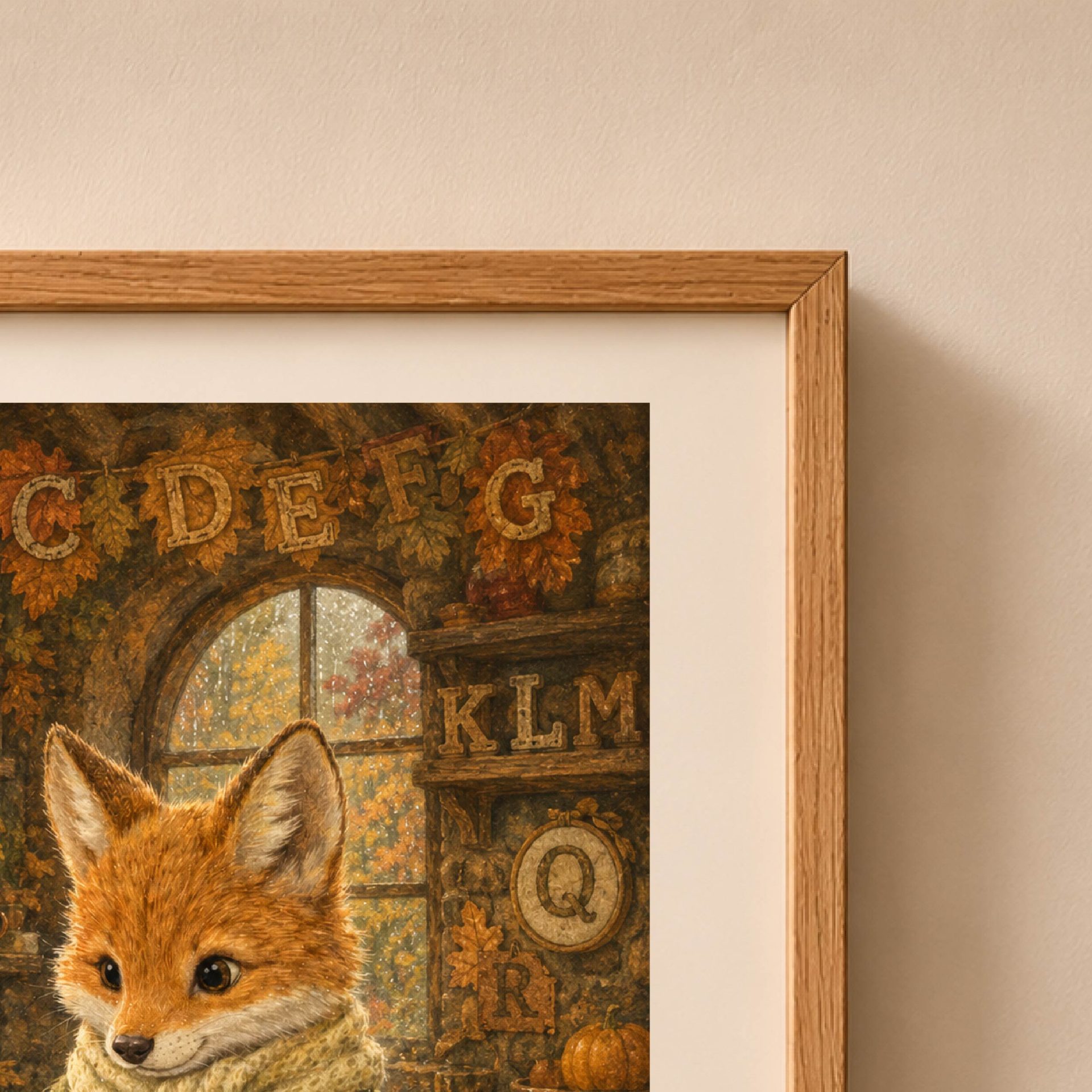 Fox Woodland Alphabet Poster Seek Find ABC Print Nursery Wall Art 6 Close-up shot of the fox baker artwork showing detailed hidden letters K, L, M, Q, R carved into wood and shelves.