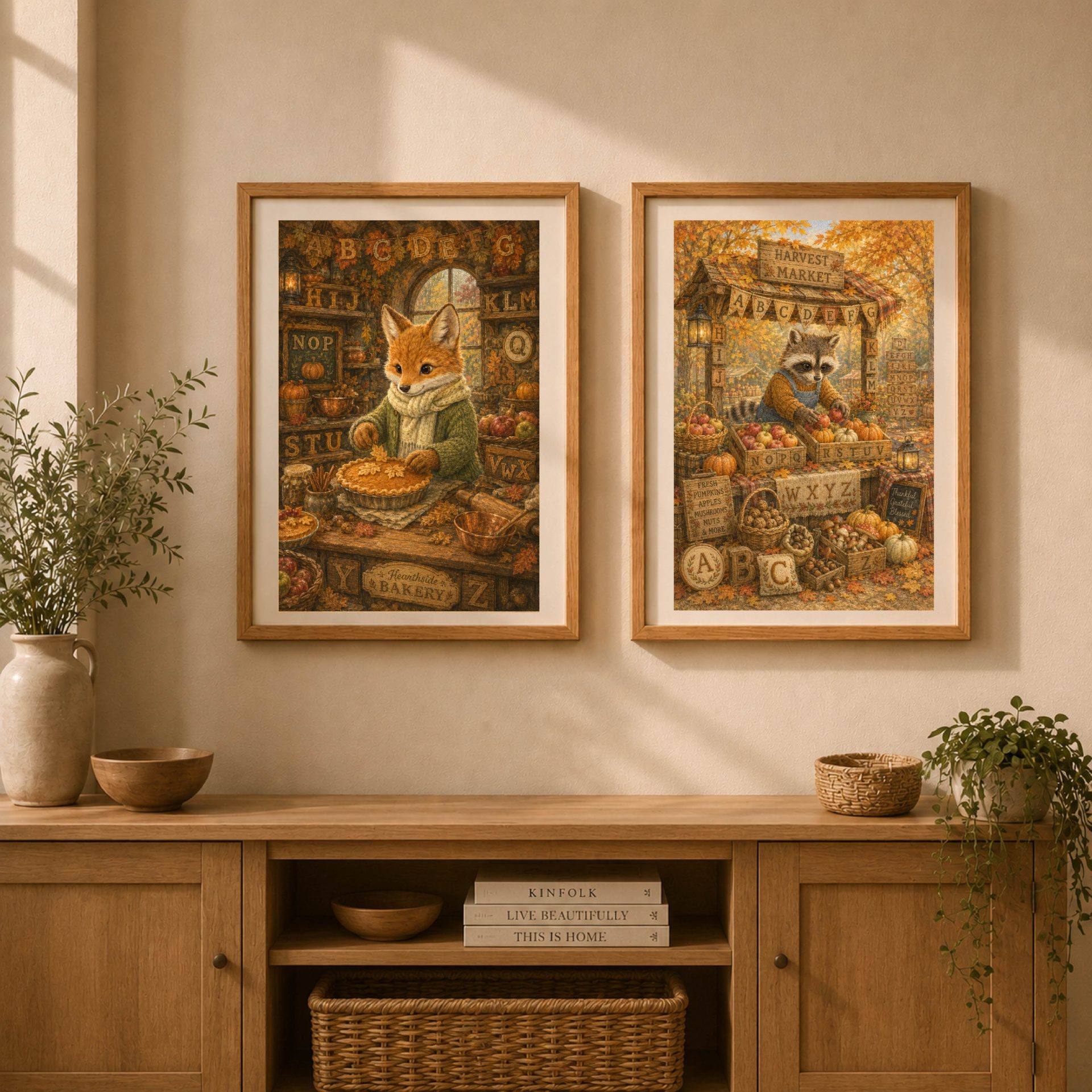 Fox Woodland Alphabet Poster Seek Find ABC Print Nursery Wall Art 8 Set of two framed Quiet Woodland storybook alphabet posters including fox bakery and raccoon harvest market.