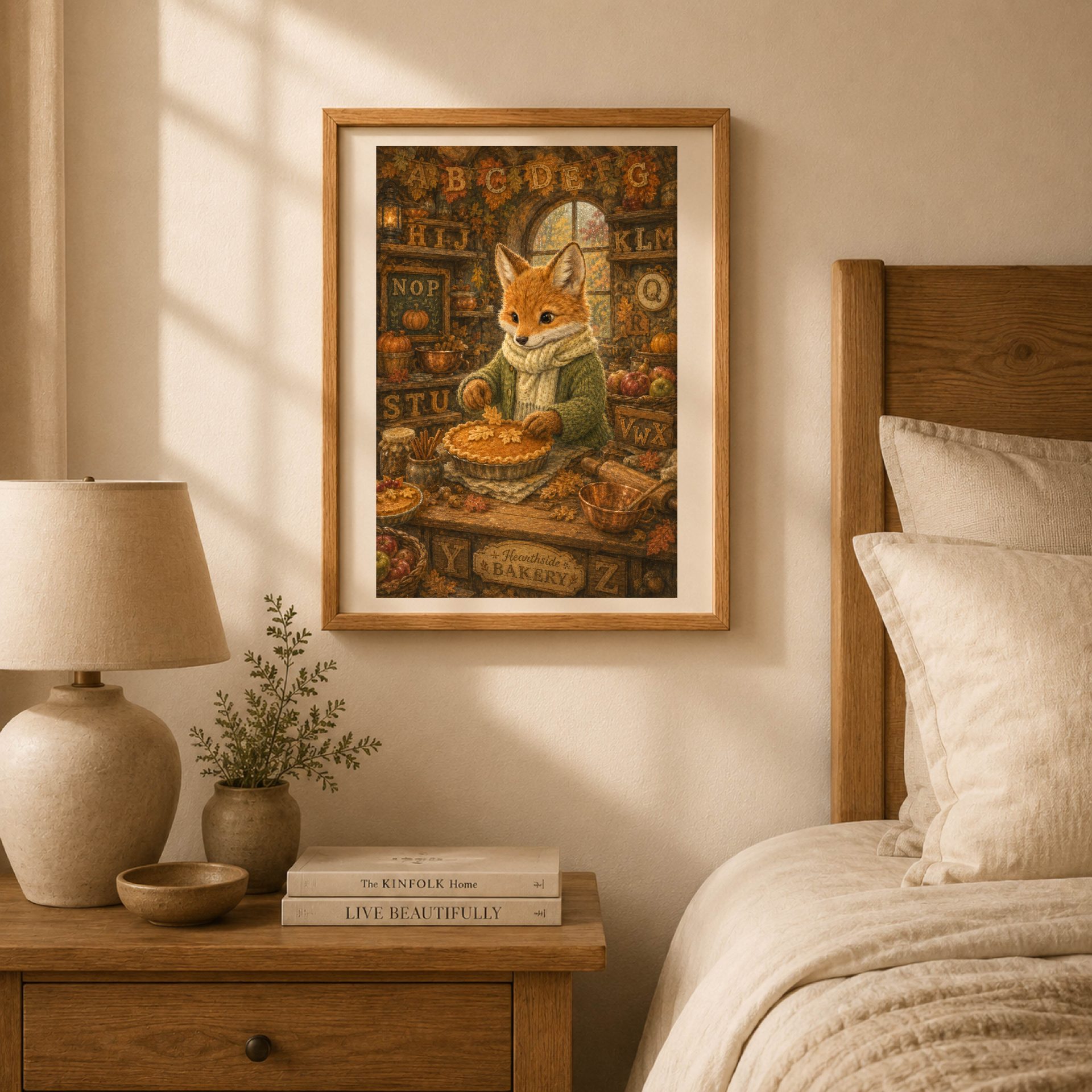 Fox Woodland Alphabet Poster Seek Find ABC Print Nursery Wall Art 3 Framed autumn fox baker ABC print placed above a bedside table next to a warm ceramics lamp.