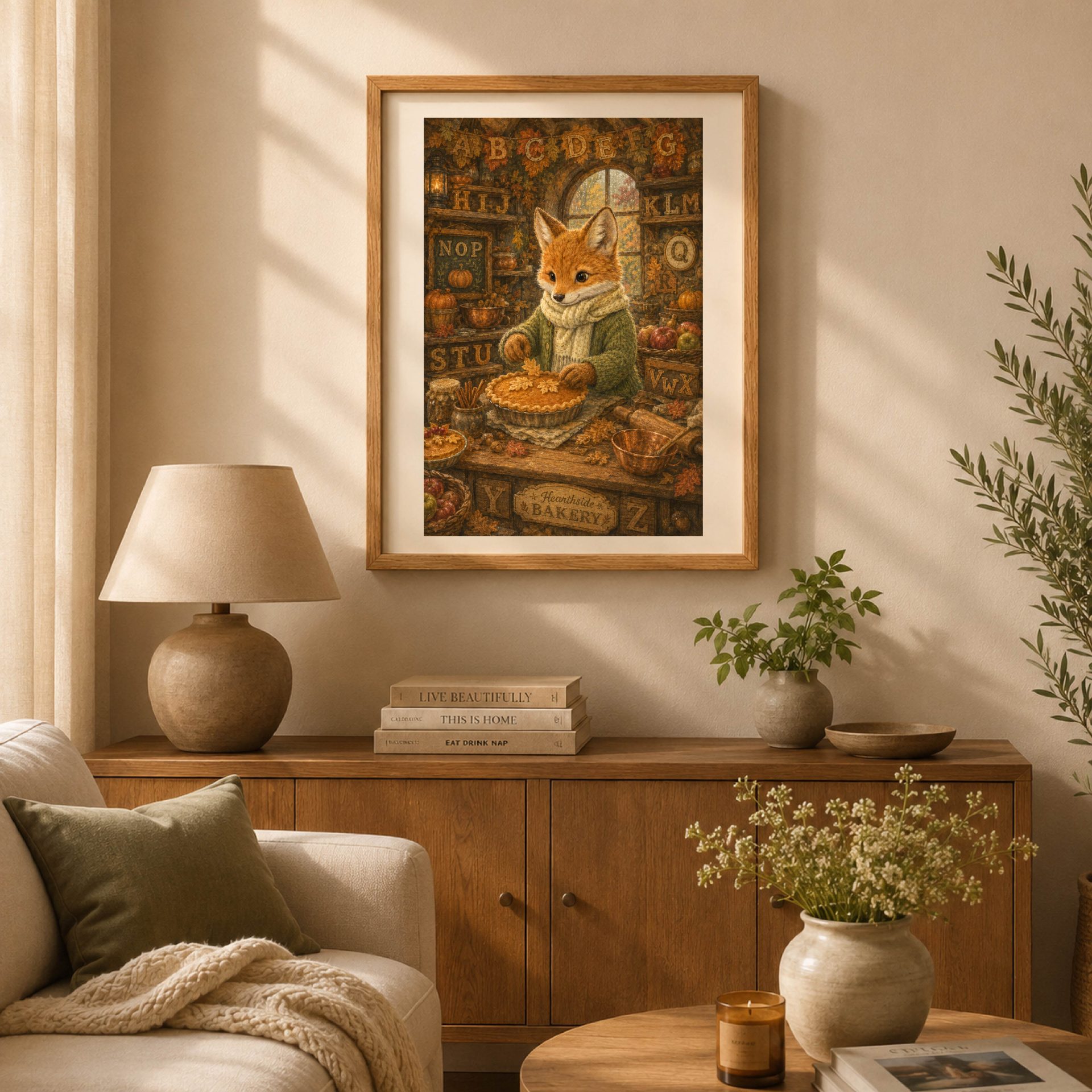 Fox Woodland Alphabet Poster Seek Find ABC Print Nursery Wall Art 2 Framed storybook woodland fox alphabet poster hanging above a warm wooden sideboard in a cozy living room.