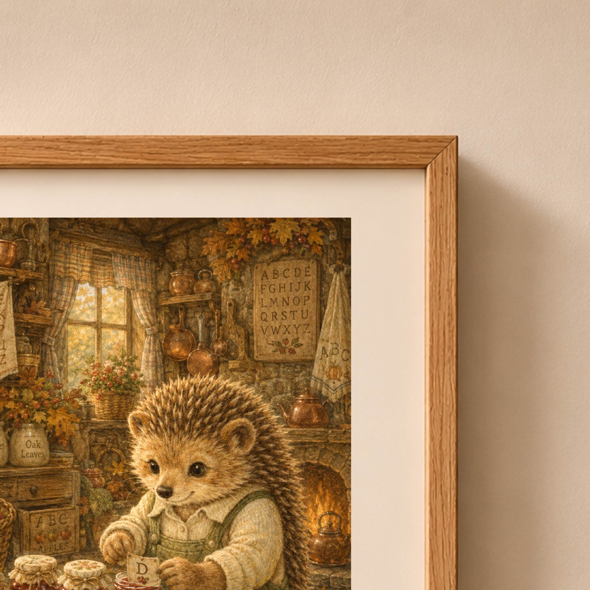 Hedgehog Woodland Alphabet Poster Seek Find ABC Nursery Wall Art 6 Close-up shot of the hedgehog jam artwork showing detailed hidden letters A, B, C, D on glass jam jars and copper cookware.