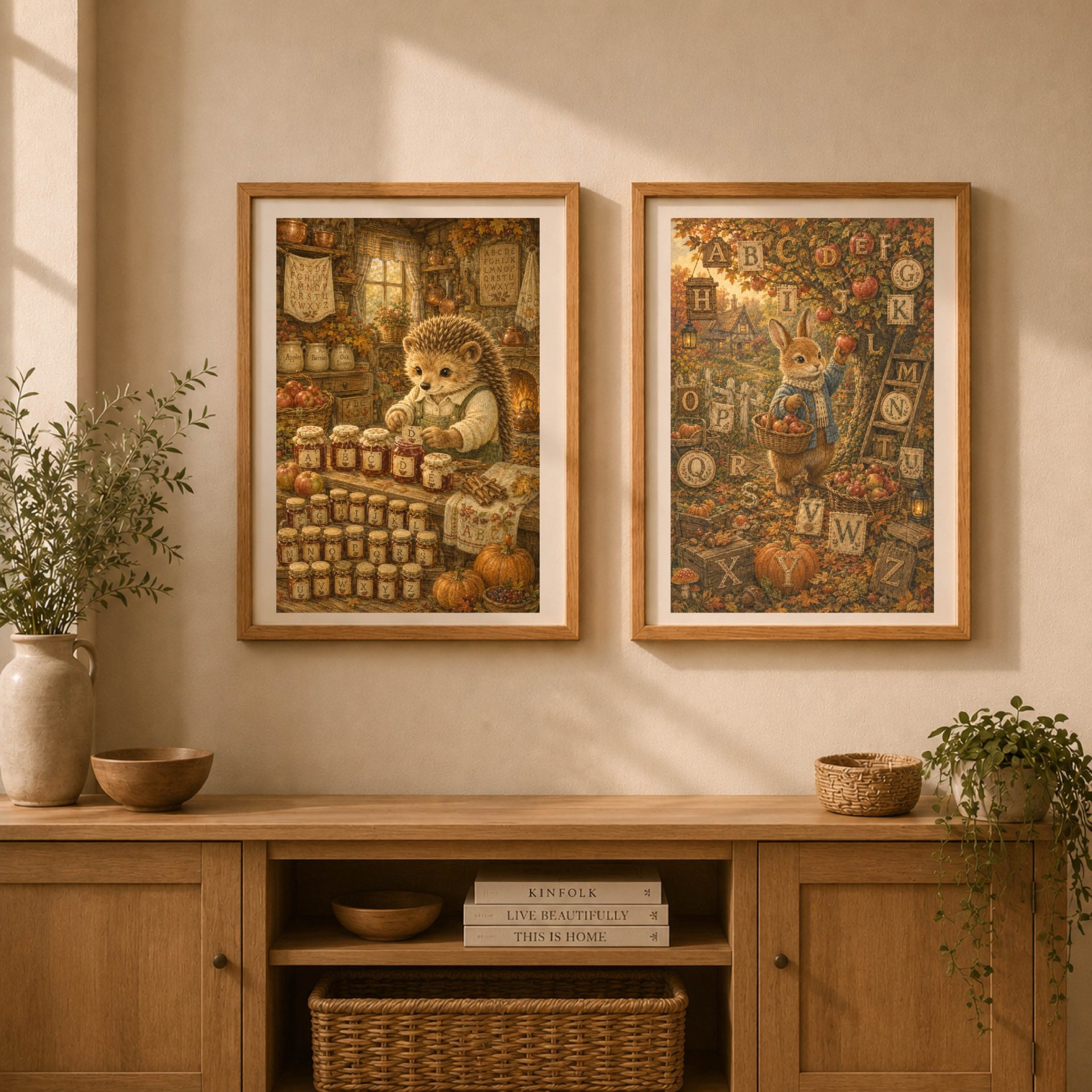 Hedgehog Woodland Alphabet Poster Seek Find ABC Nursery Wall Art 8 Pair of framed Quiet Woodland autumn alphabet posters featuring the hedgehog jam maker and rabbit apple orchard side by side.