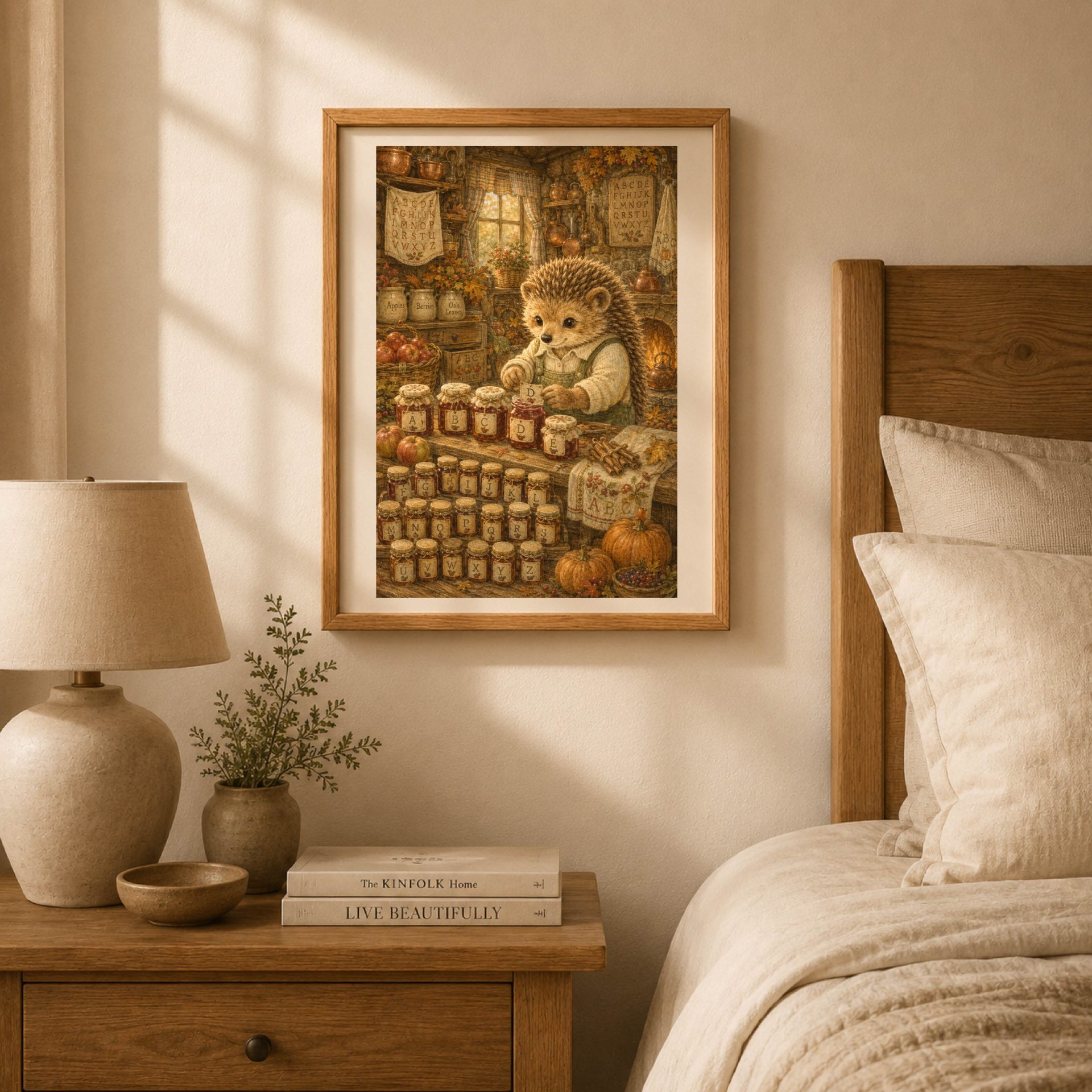 Hedgehog Woodland Alphabet Poster Seek Find ABC Nursery Wall Art 3 Framed autumn hedgehog jam maker ABC print hanging above a wooden bedside nightstand next to a ceramic lamp.