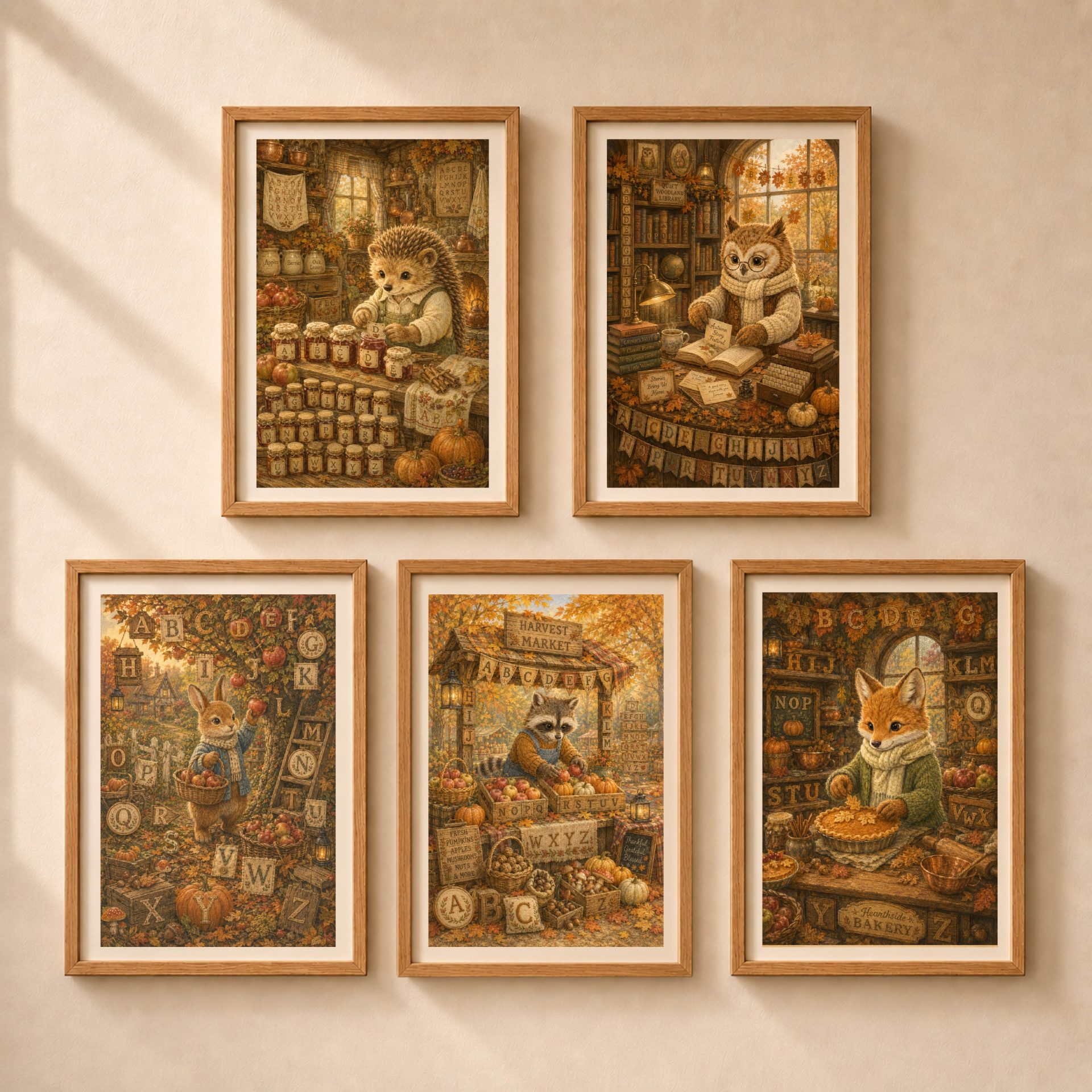 Hedgehog Woodland Alphabet Poster Seek Find ABC Nursery Wall Art 9 Set of five framed Quiet Woodland thematic storybook alphabet posters featuring hedgehog jam maker, owl librarian, rabbit orchard gardener, raccoon market vendor, and fox baker.