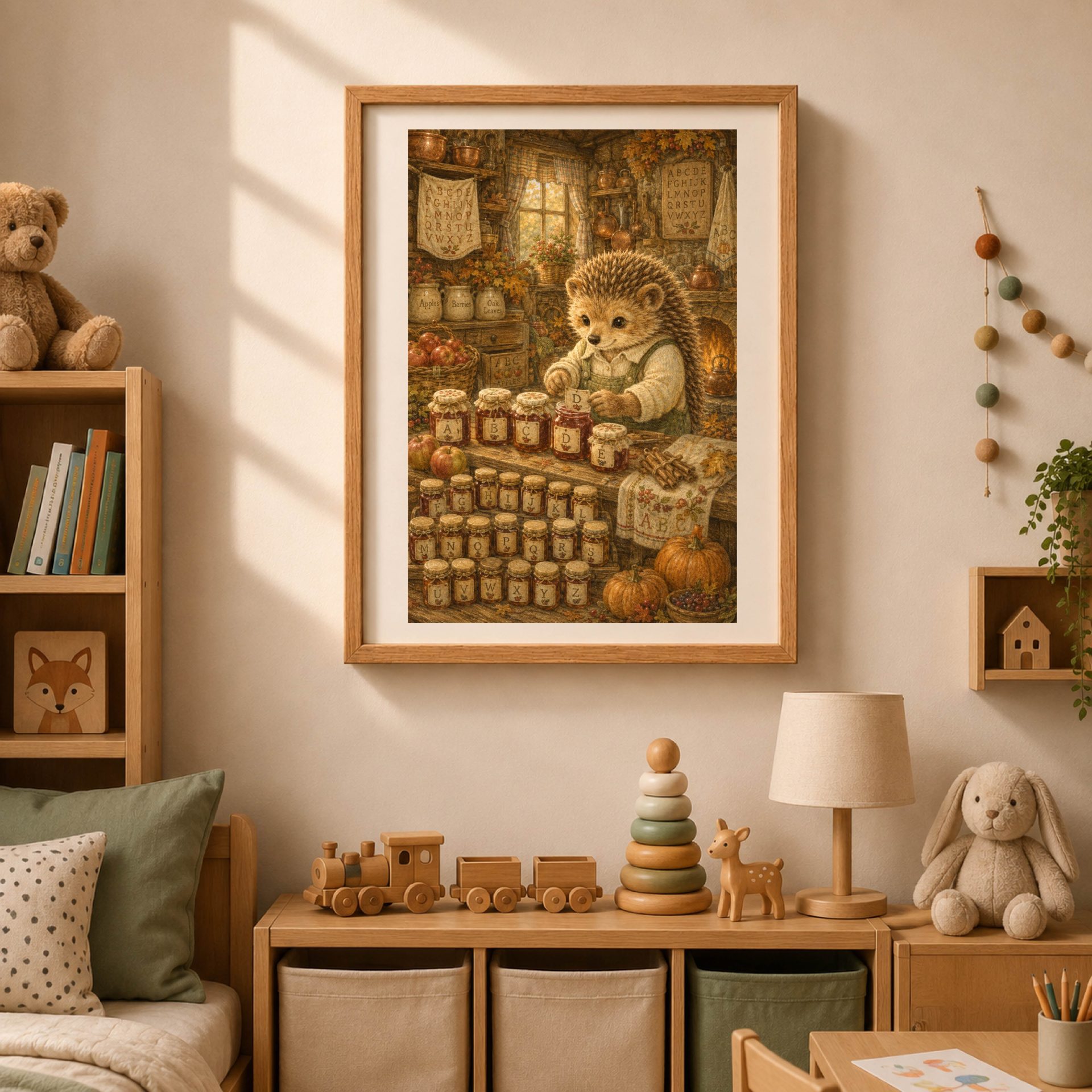 Hedgehog Woodland Alphabet Poster Seek Find ABC Nursery Wall Art 4 Framed woodland hedgehog seek and find alphabet print hanging in a cozy nursery room above wooden toys and storage baskets.