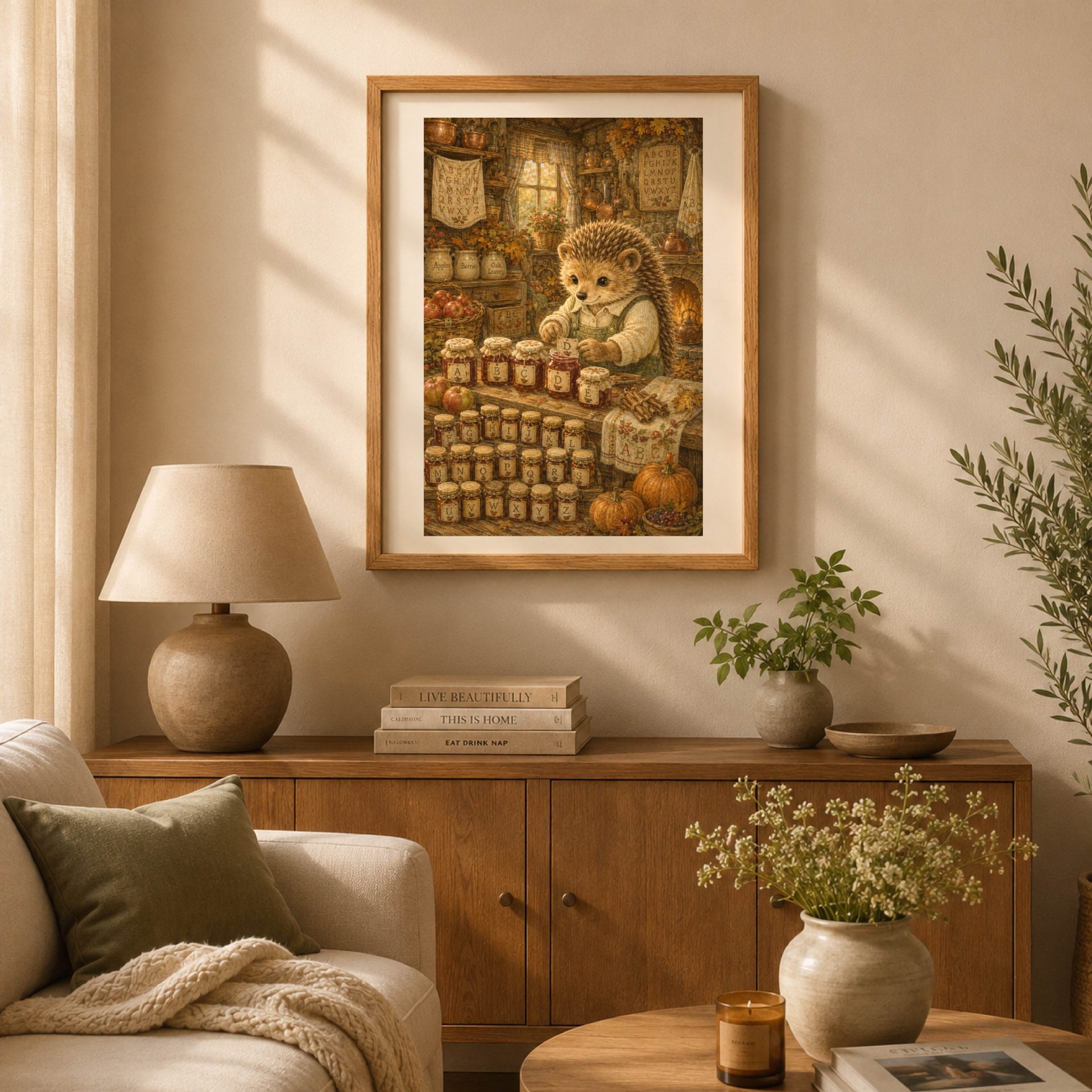 Hedgehog Woodland Alphabet Poster Seek Find ABC Nursery Wall Art 2 Framed storybook hedgehog jam maker alphabet poster hanging above a warm wooden console table in a cozy living room.