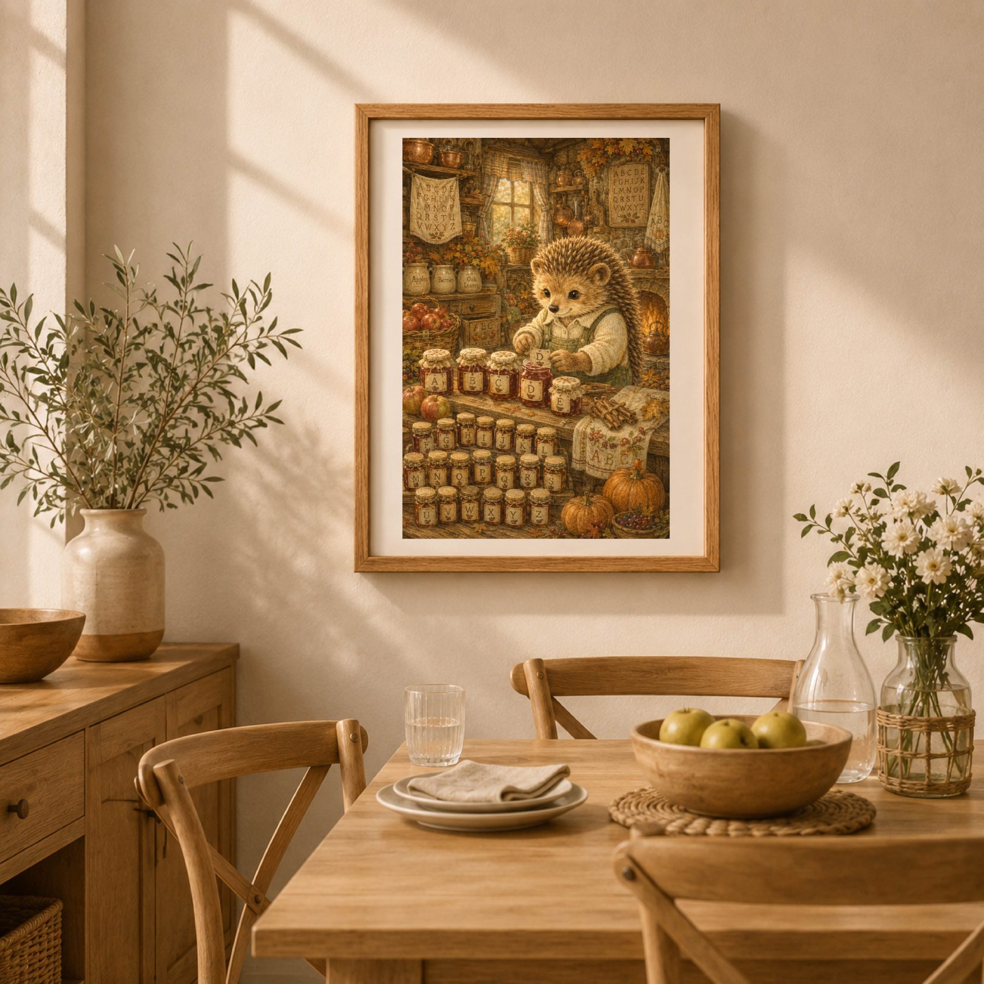 Hedgehog Woodland Alphabet Poster Seek Find ABC Nursery Wall Art 5 Framed autumn hedgehog jam maker ABC print in a light wooden frame above a rustic wooden dining table.
