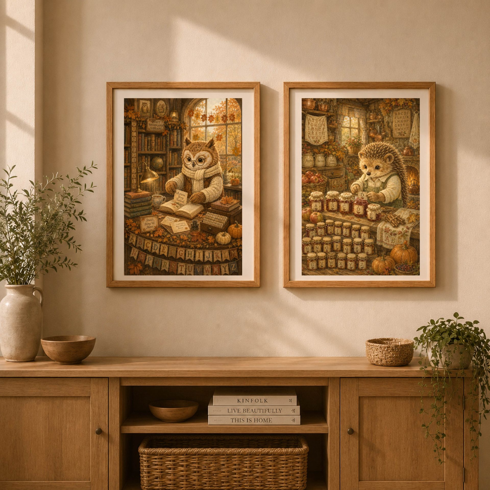 Owl Woodland Alphabet Poster Seek Find ABC Nursery Wall Art 8 Pair of framed Quiet Woodland autumn alphabet posters featuring the owl librarian and hedgehog jam maker side by side.