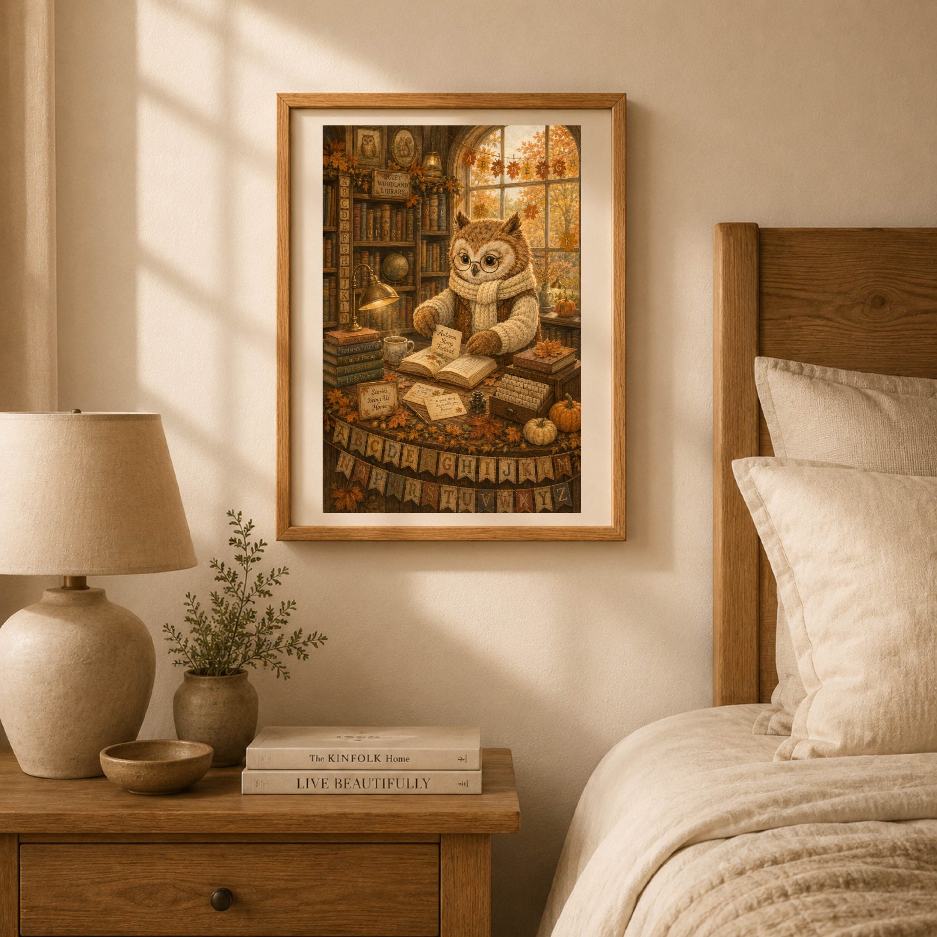 Owl Woodland Alphabet Poster Seek Find ABC Nursery Wall Art 3 Framed autumn owl librarian ABC print hanging above a wooden bedside nightstand next to a ceramic lamp.
