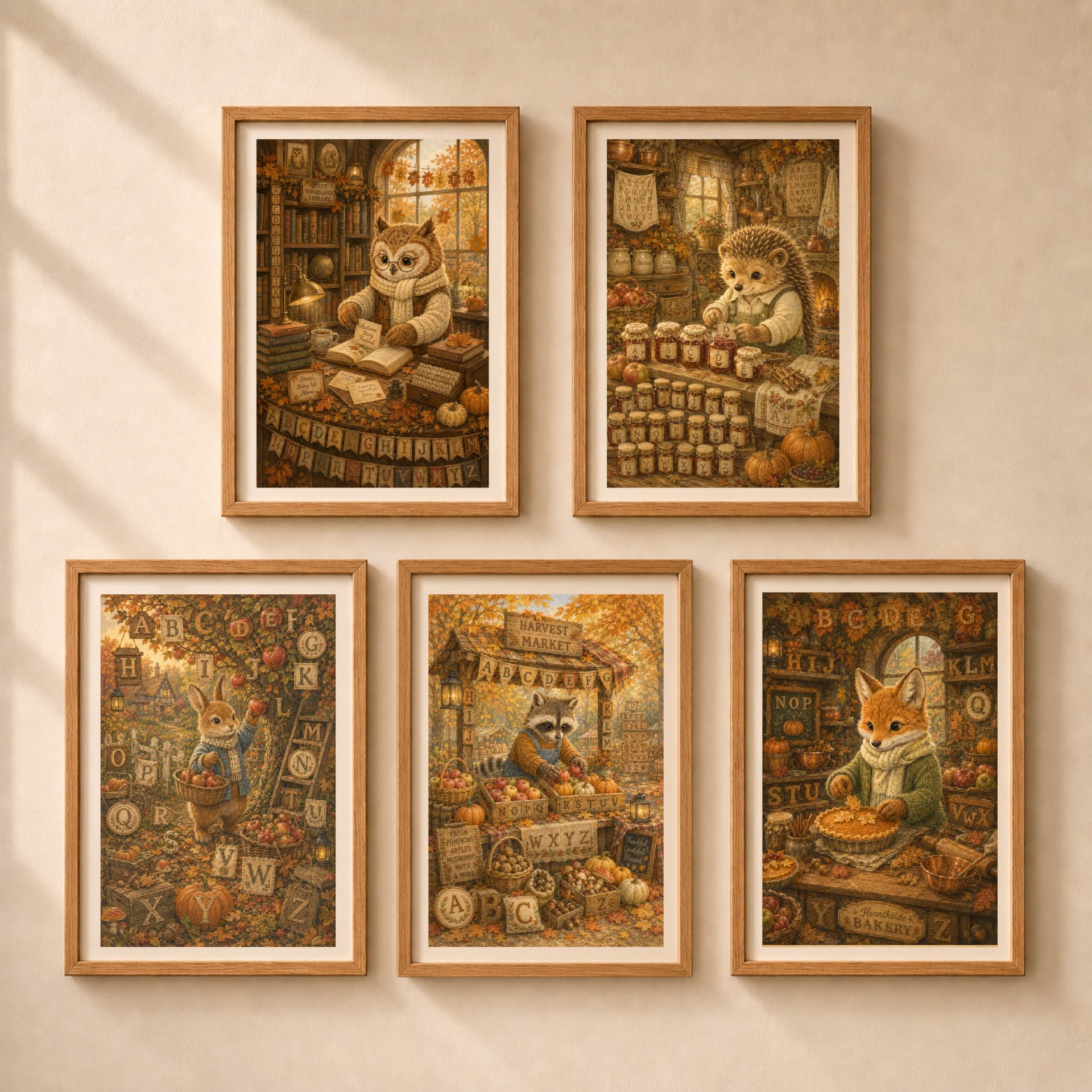 Owl Woodland Alphabet Poster Seek Find ABC Nursery Wall Art 9 Set of five framed Quiet Woodland thematic storybook alphabet posters featuring owl librarian, hedgehog jam maker, rabbit orchard gardener, raccoon market vendor, and fox baker.