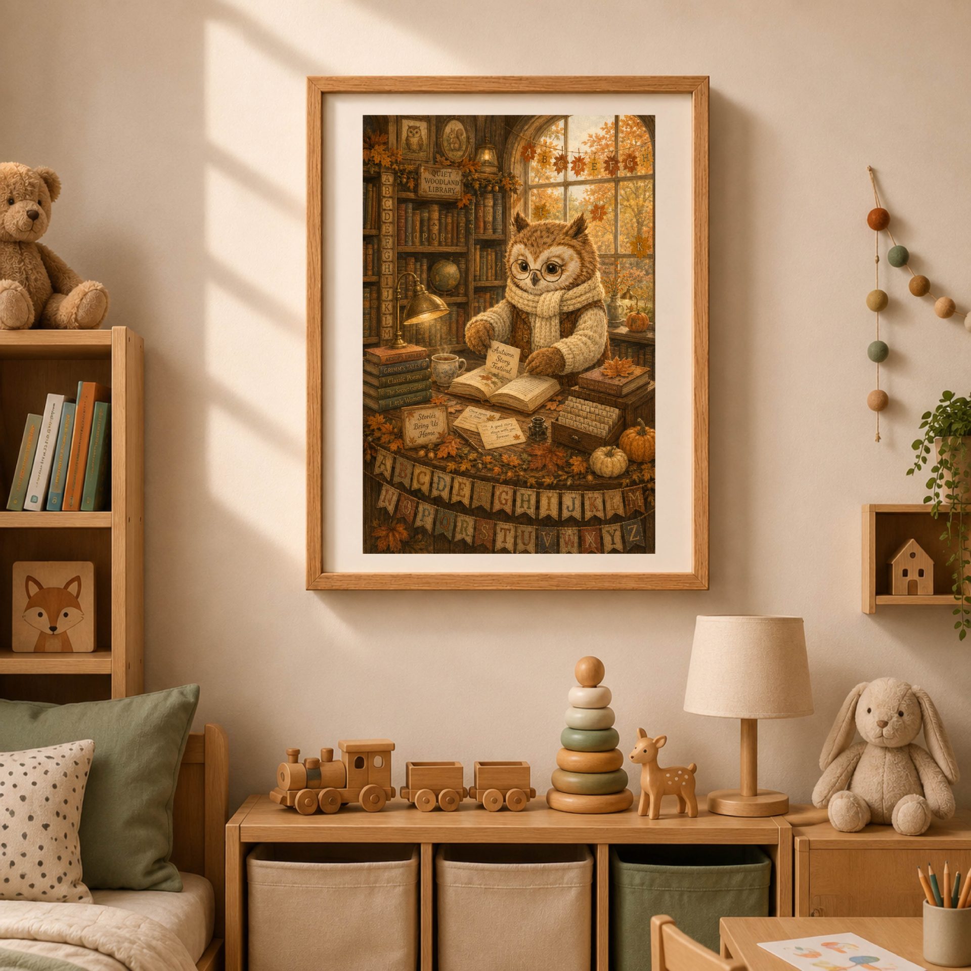 Owl Woodland Alphabet Poster Seek Find ABC Nursery Wall Art 4 Framed woodland owl seek and find alphabet print hanging in a cozy nursery room above wooden toys and storage baskets.