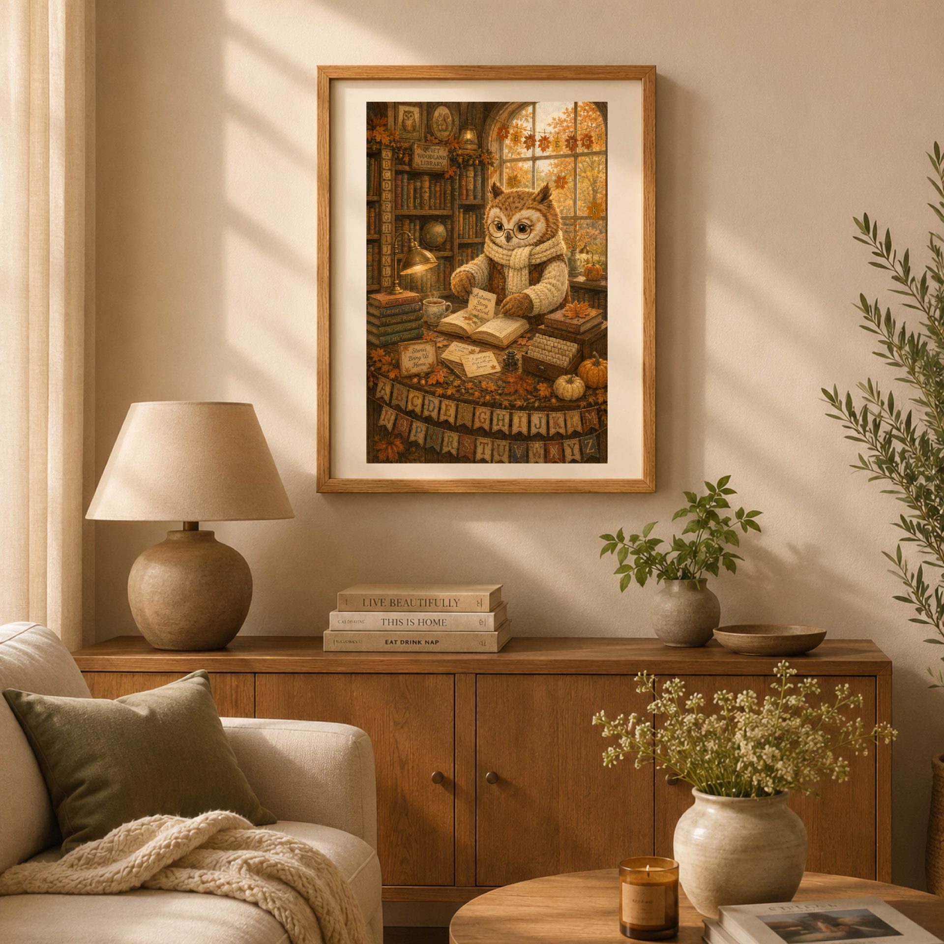 Owl Woodland Alphabet Poster Seek Find ABC Nursery Wall Art 2 Framed storybook owl librarian alphabet poster hanging above a warm wooden console table in a cozy living room.