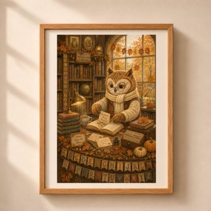 Full view of framed Quiet Woodland autumn owl librarian alphabet poster with hidden letters A to Z in a light oak frame.