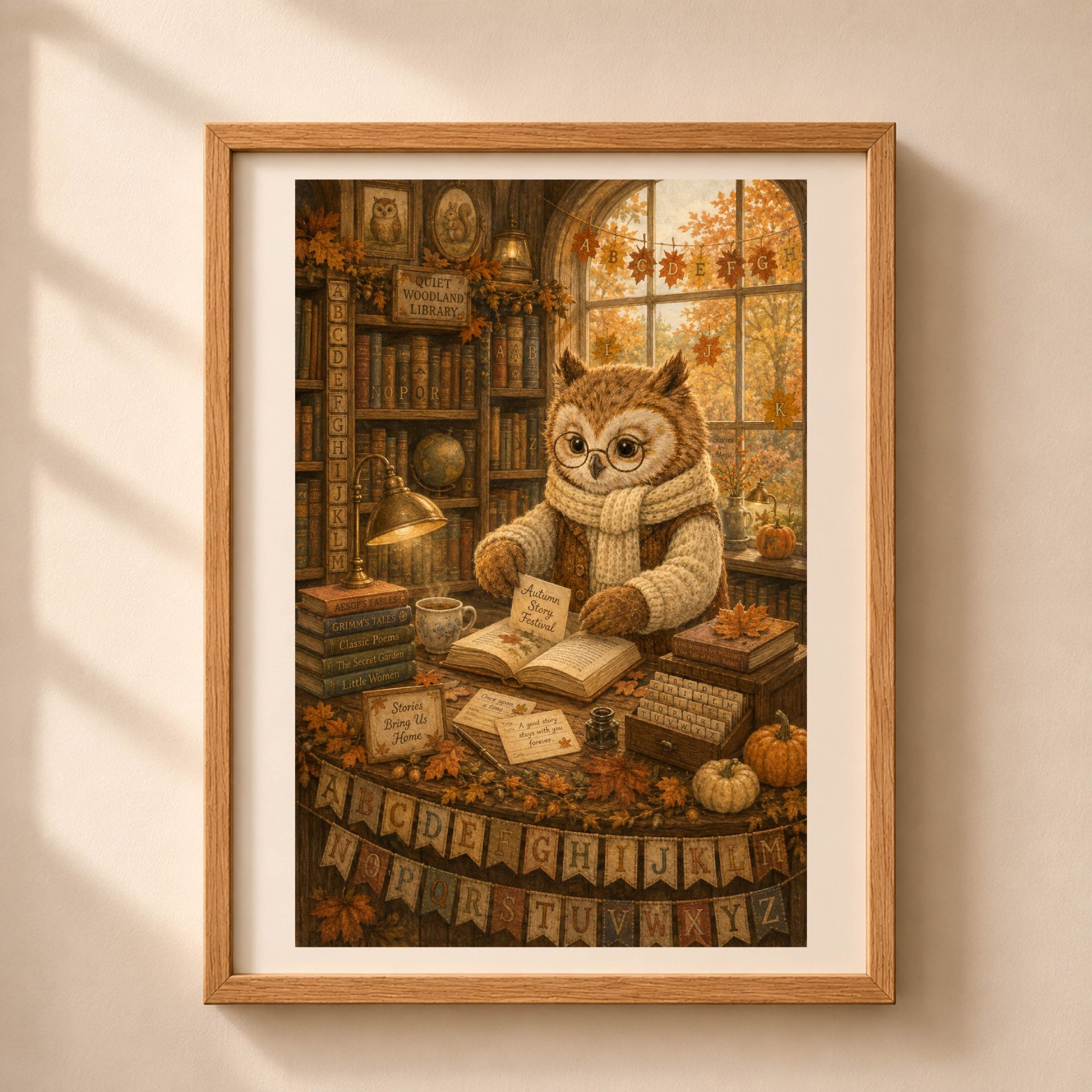 Owl Woodland Alphabet Poster Seek Find ABC Nursery Wall Art 1 Full view of framed Quiet Woodland autumn owl librarian alphabet poster with hidden letters A to Z in a light oak frame.