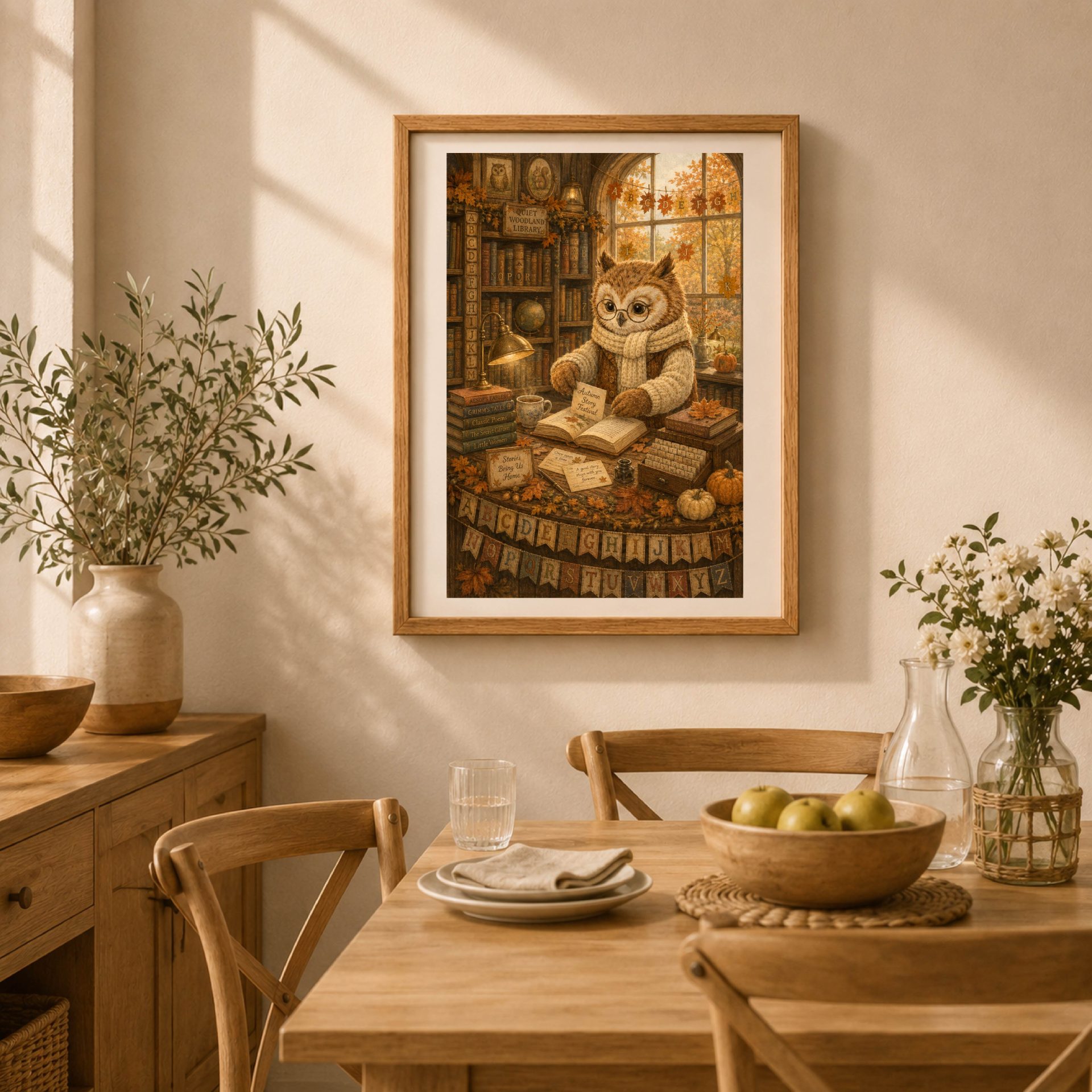 Owl Woodland Alphabet Poster Seek Find ABC Nursery Wall Art 5 Framed autumn owl librarian ABC print in a light wooden frame above a rustic wooden dining table.