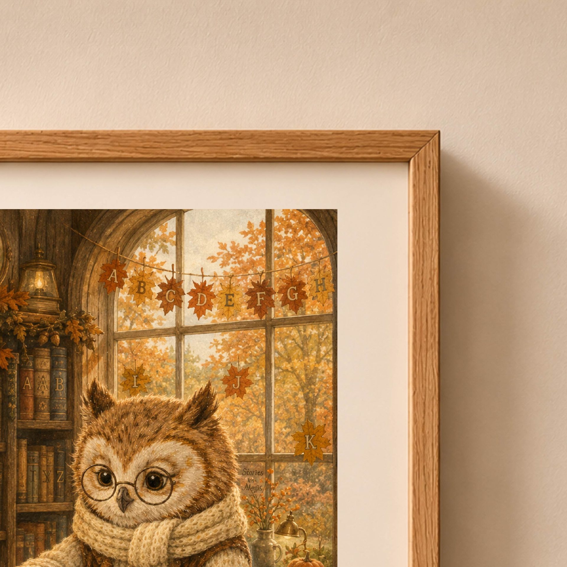 Owl Woodland Alphabet Poster Seek Find ABC Nursery Wall Art 6 Close-up shot of the owl librarian artwork showing detailed hidden letters on maple leaves strung across the arched window.