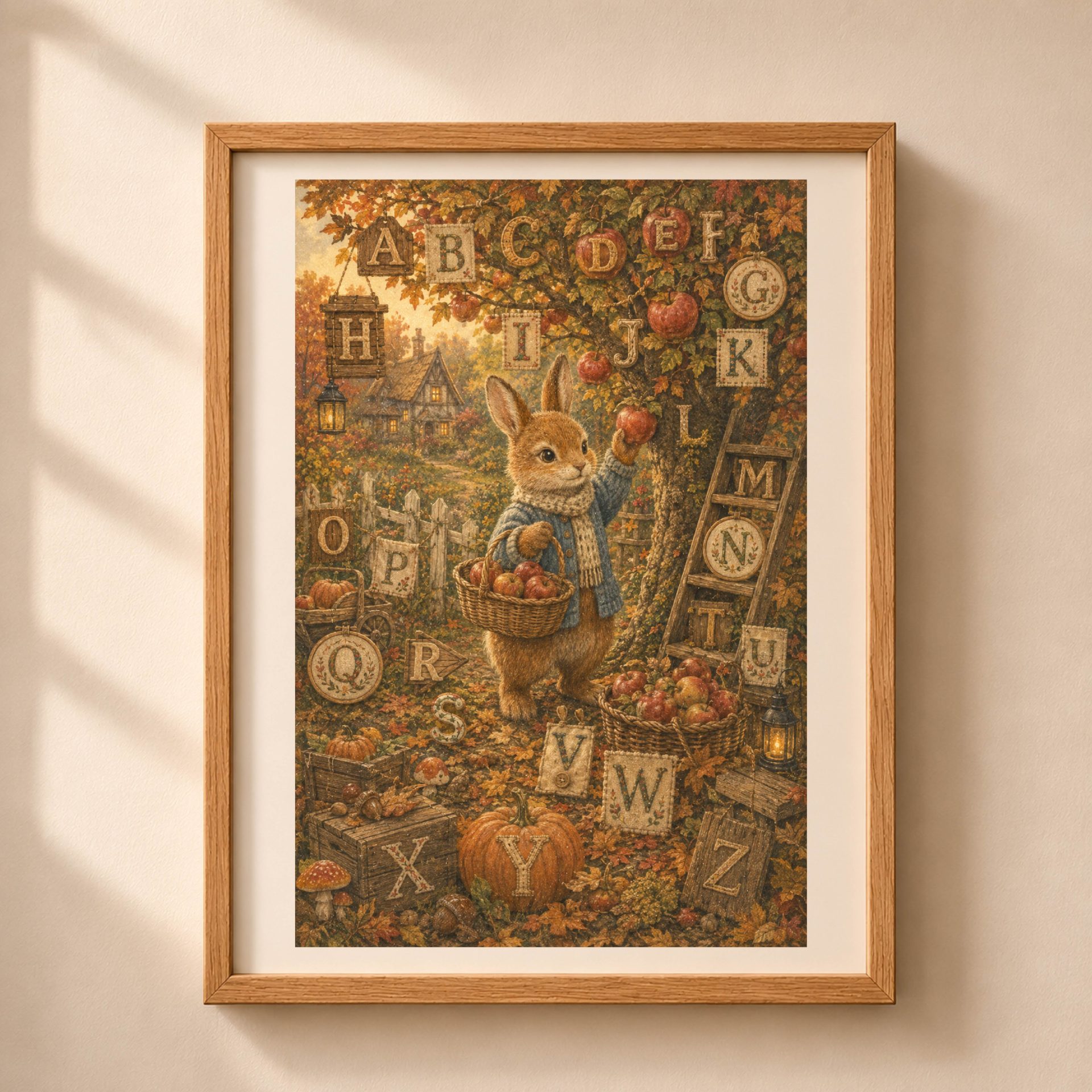 Woodland Autumn Alphabet Poster Set Seek Find ABC Nursery Decor 4 Framed autumn rabbit picking apples in a sunny orchard with hidden alphabet blocks hanging on trees.