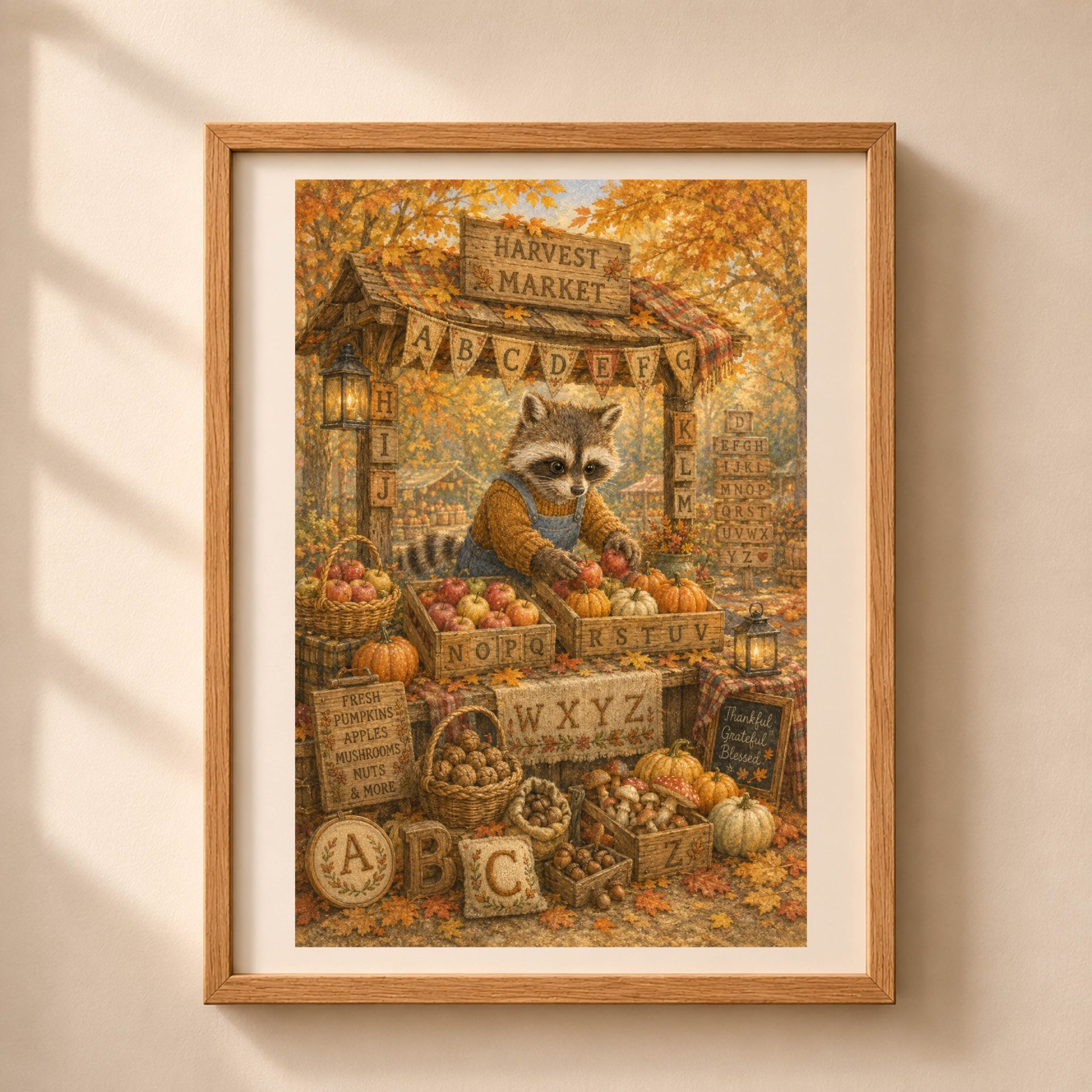 Woodland Autumn Alphabet Poster Set Seek Find ABC Nursery Decor 3 Framed cute raccoon at a harvest market stand surrounded by pumpkins and apples with hidden ABC letters.