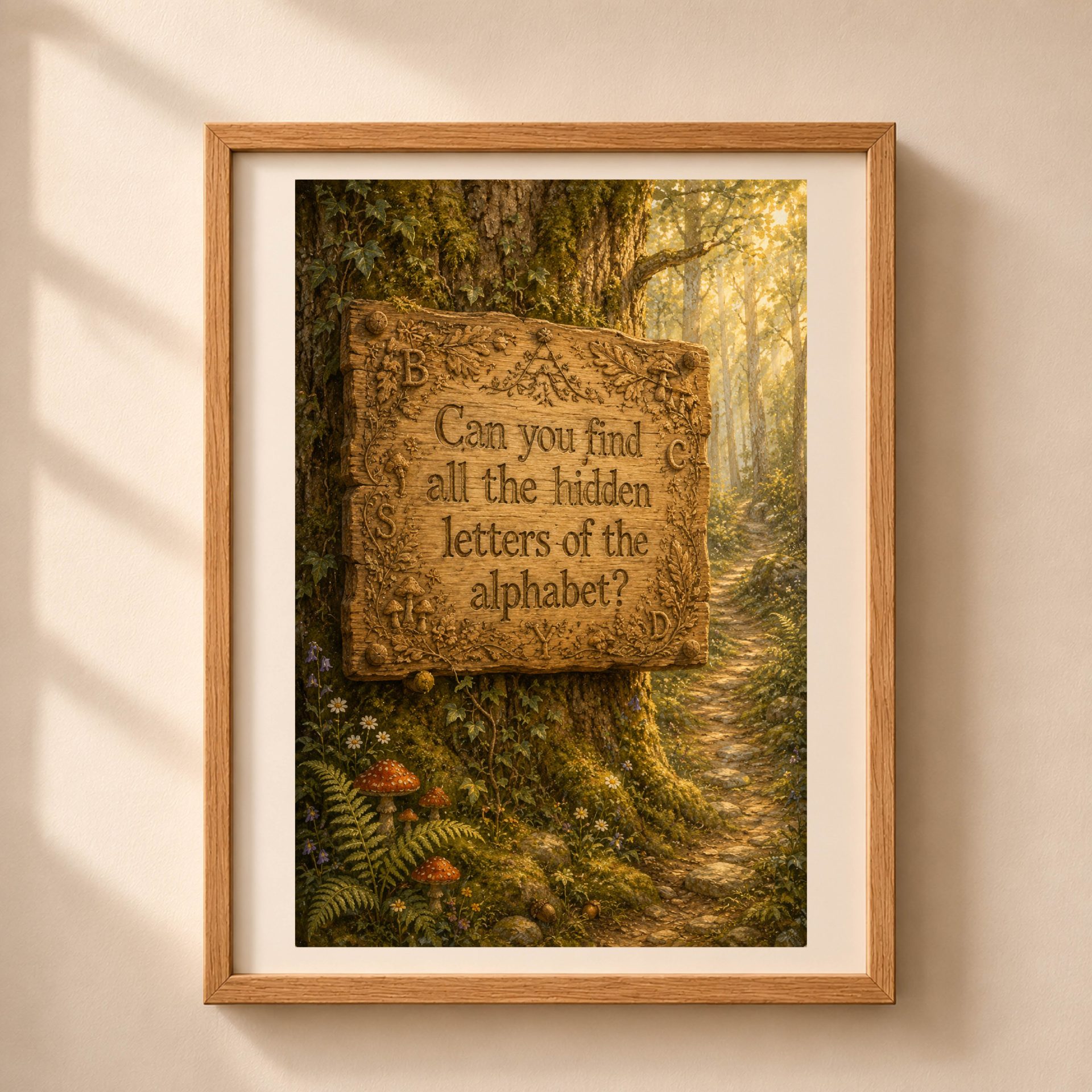Woodland Autumn Alphabet Poster Set Seek Find ABC Nursery Decor 9 Framed carved wooden sign print with text Can you find all the hidden letters of the alphabet on a tree in a sunny forest.