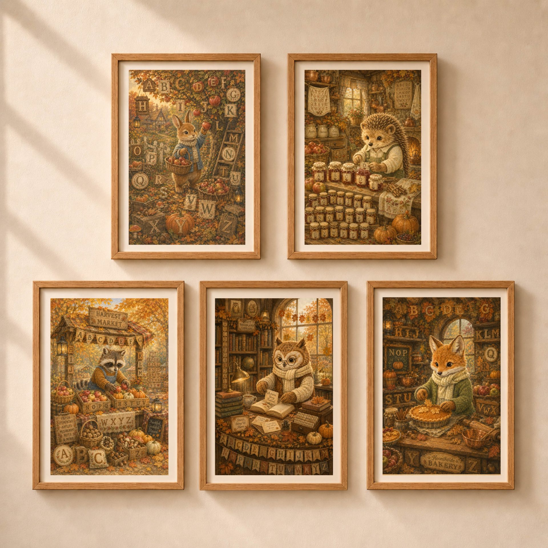 Woodland Autumn Alphabet Poster Set Seek Find ABC Nursery Decor 1 Set of five framed Quiet Woodland autumn alphabet posters hanging on a beige wall in a 5-piece gallery wall arrangement.