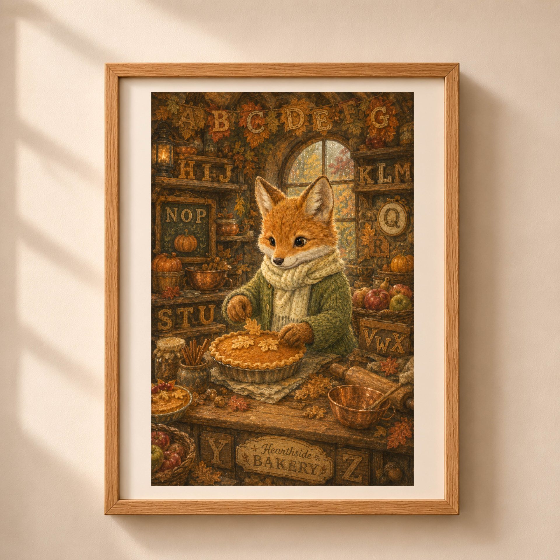 Woodland Autumn Alphabet Poster Set Seek Find ABC Nursery Decor 2 Framed storybook fox baking pumpkin pie with hidden letters A to Z in a cozy wooden bakery setting.