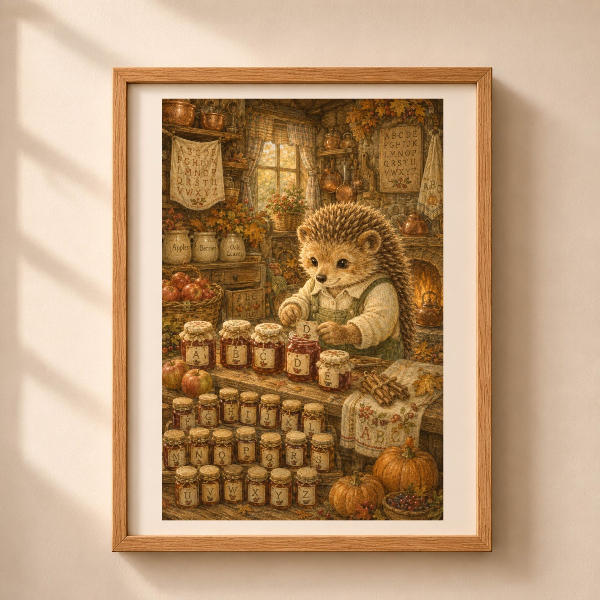 Woodland Autumn Alphabet Poster Set Seek Find ABC Nursery Decor 5 Framed hedgehog labeling jam jars A to Z in a warm cozy cottage kitchen near a fireplace.
