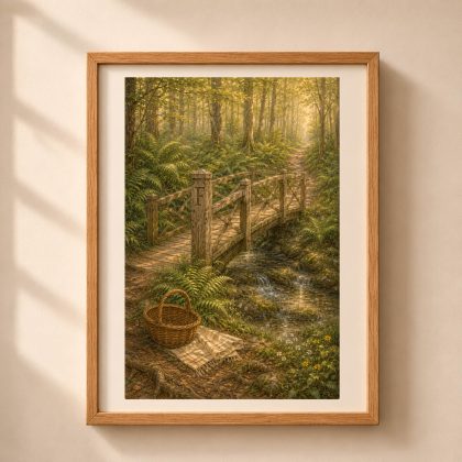 Framed Letter F Monogram Woodland Wall Art print showing a wooden bridge with carved initial F over a forest stream
