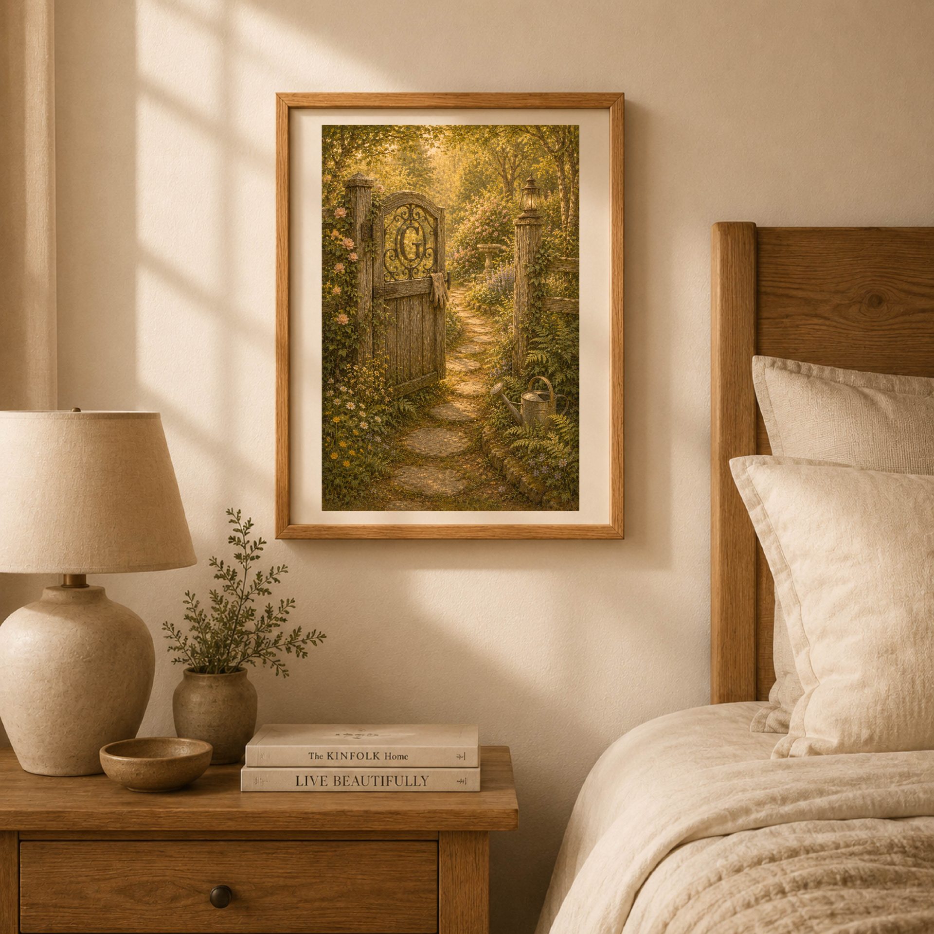 Letter G Monogram Woodland Wall Art Vintage Forest Initial Print 3 Framed Letter G Monogram Woodland Wall Art hanging above an oak nightstand in a peaceful bedroom.