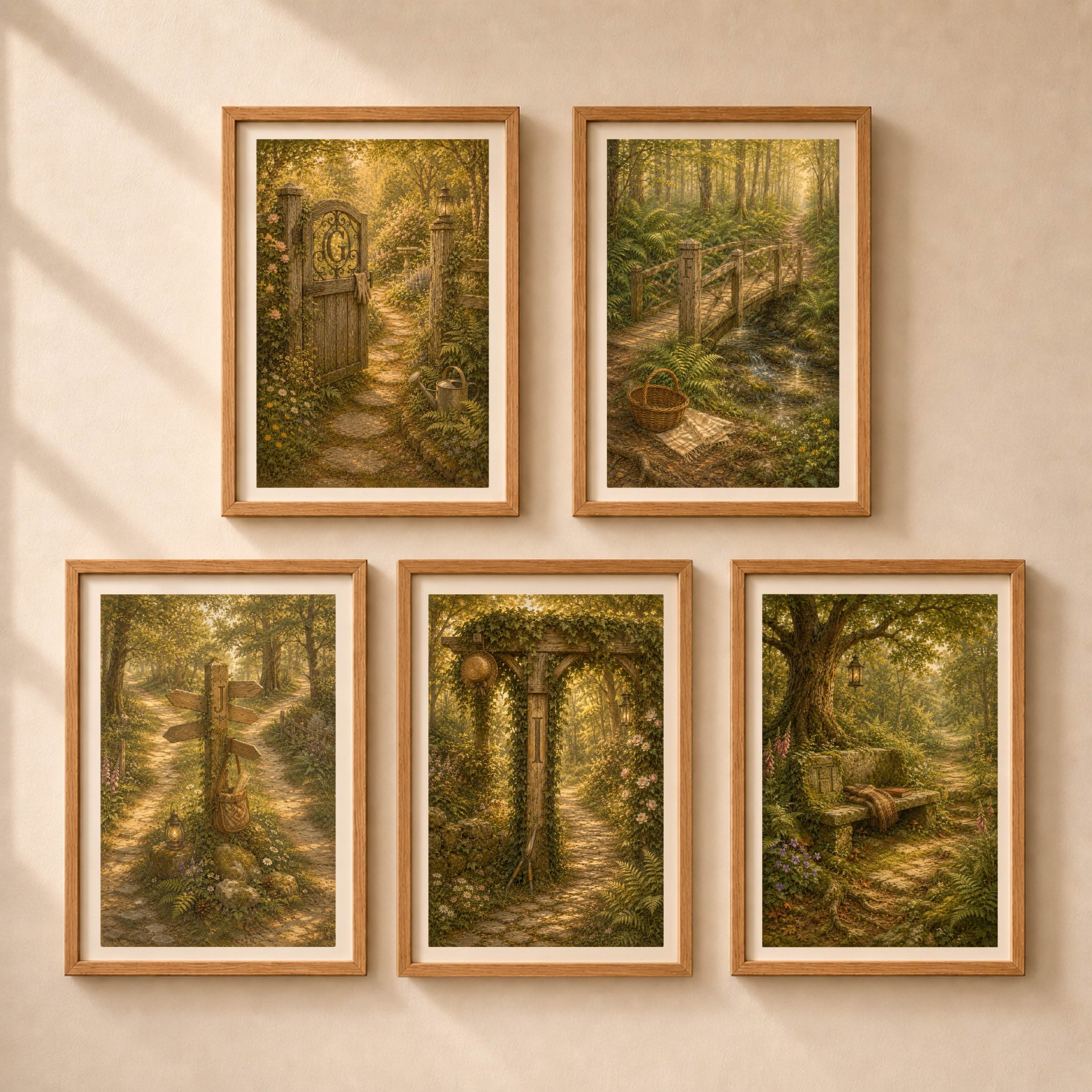 Letter G Monogram Woodland Wall Art Vintage Forest Initial Print 9 Collection of five different framed woodland alphabet prints arranged in a gallery wall layout.