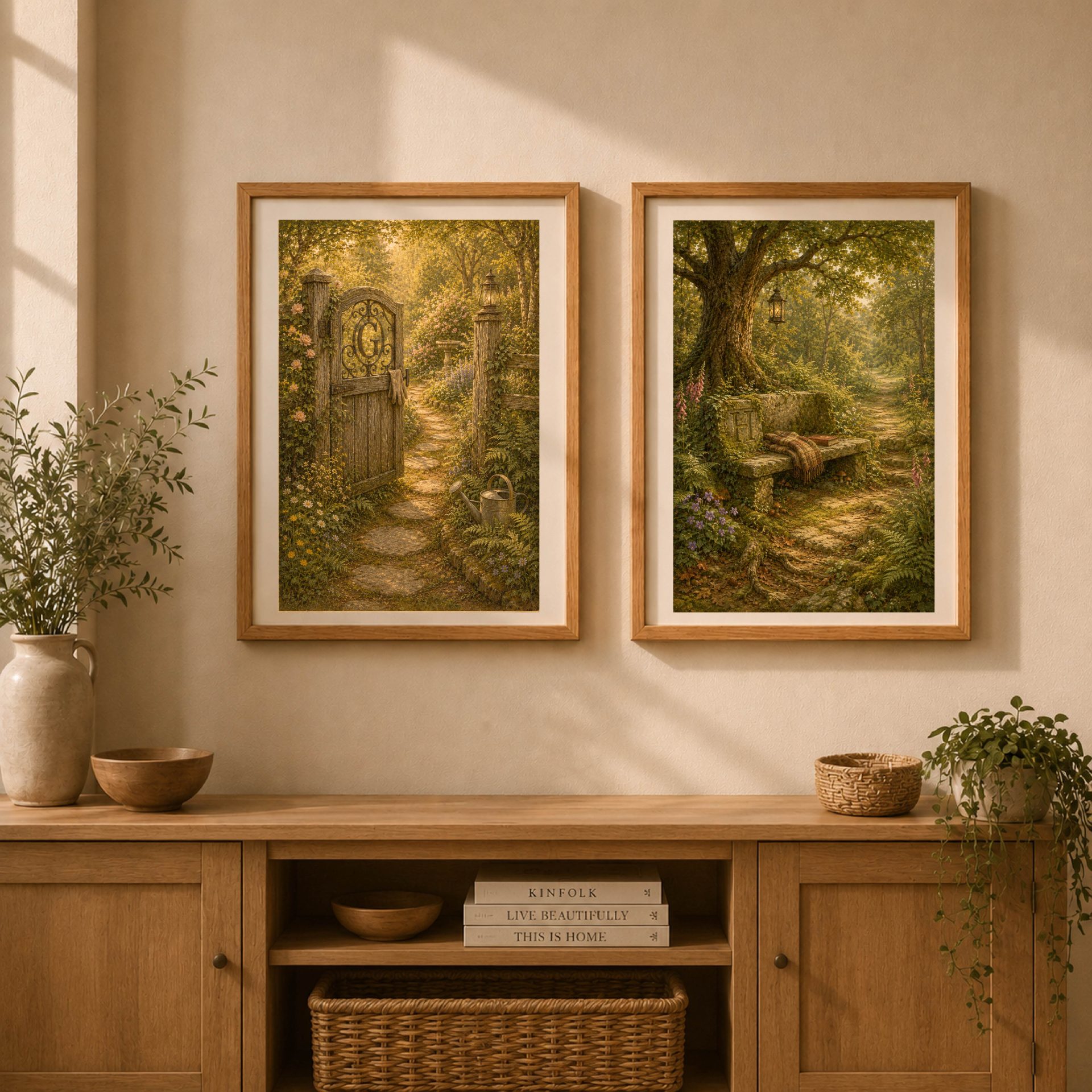 Letter G Monogram Woodland Wall Art Vintage Forest Initial Print 8 Pair of framed woodland prints hanging side by side on a neutral wall above a wooden console.