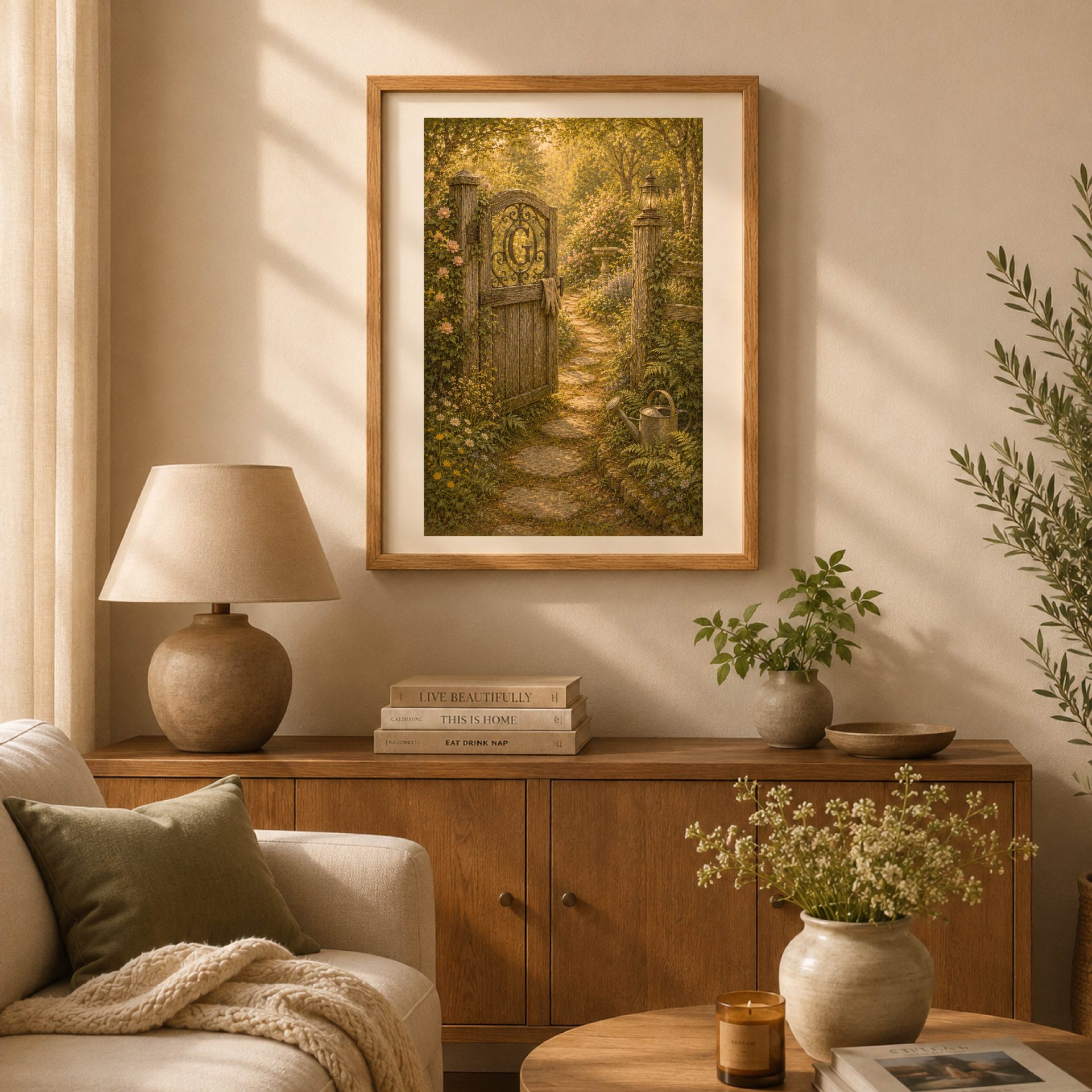 Letter G Monogram Woodland Wall Art Vintage Forest Initial Print 2 Letter G Monogram Woodland Wall Art displayed above a wooden sideboard in a cozy living room setting.