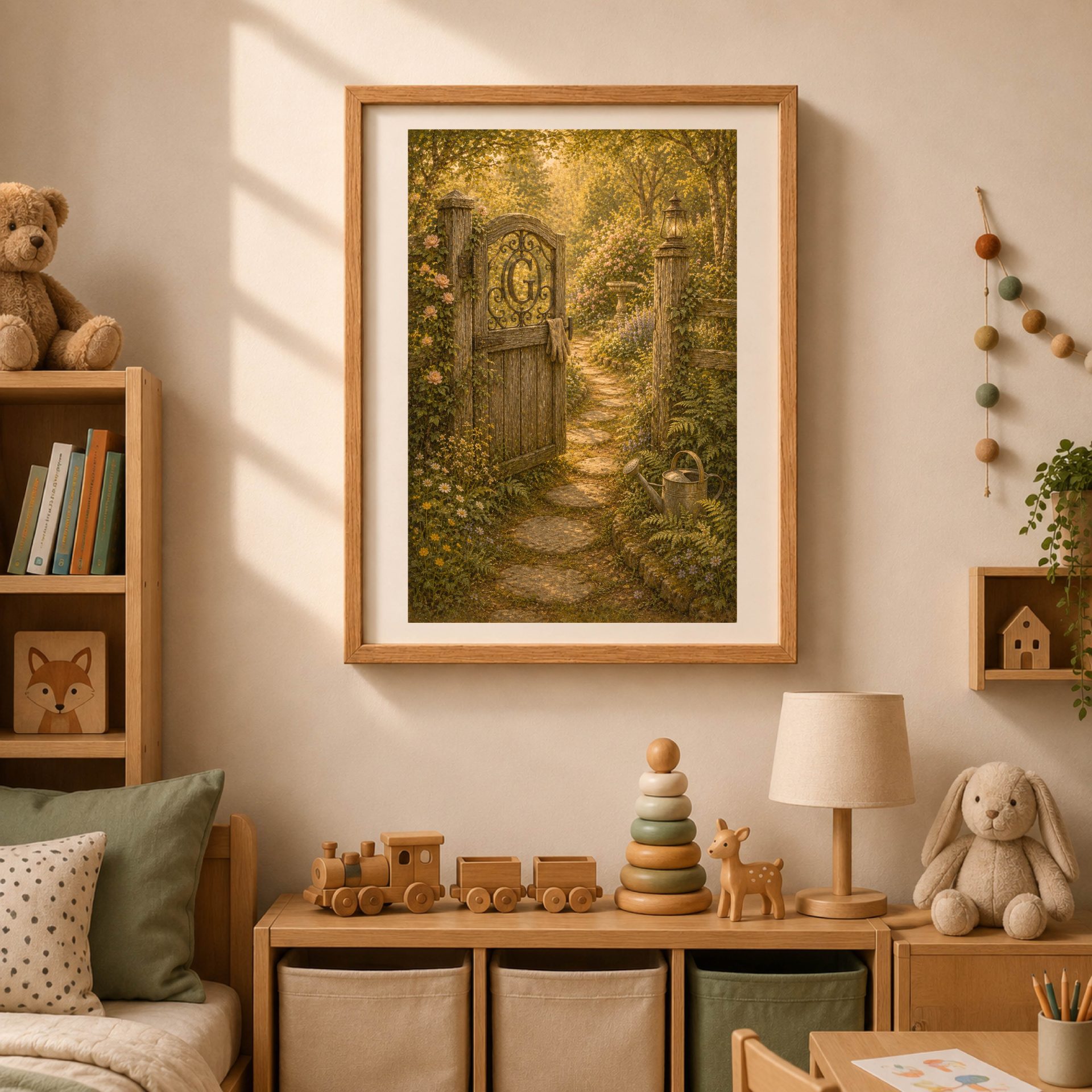 Letter G Monogram Woodland Wall Art Vintage Forest Initial Print 4 Letter G Monogram Woodland Wall Art hanging in a cozy nursery room above wooden toys.